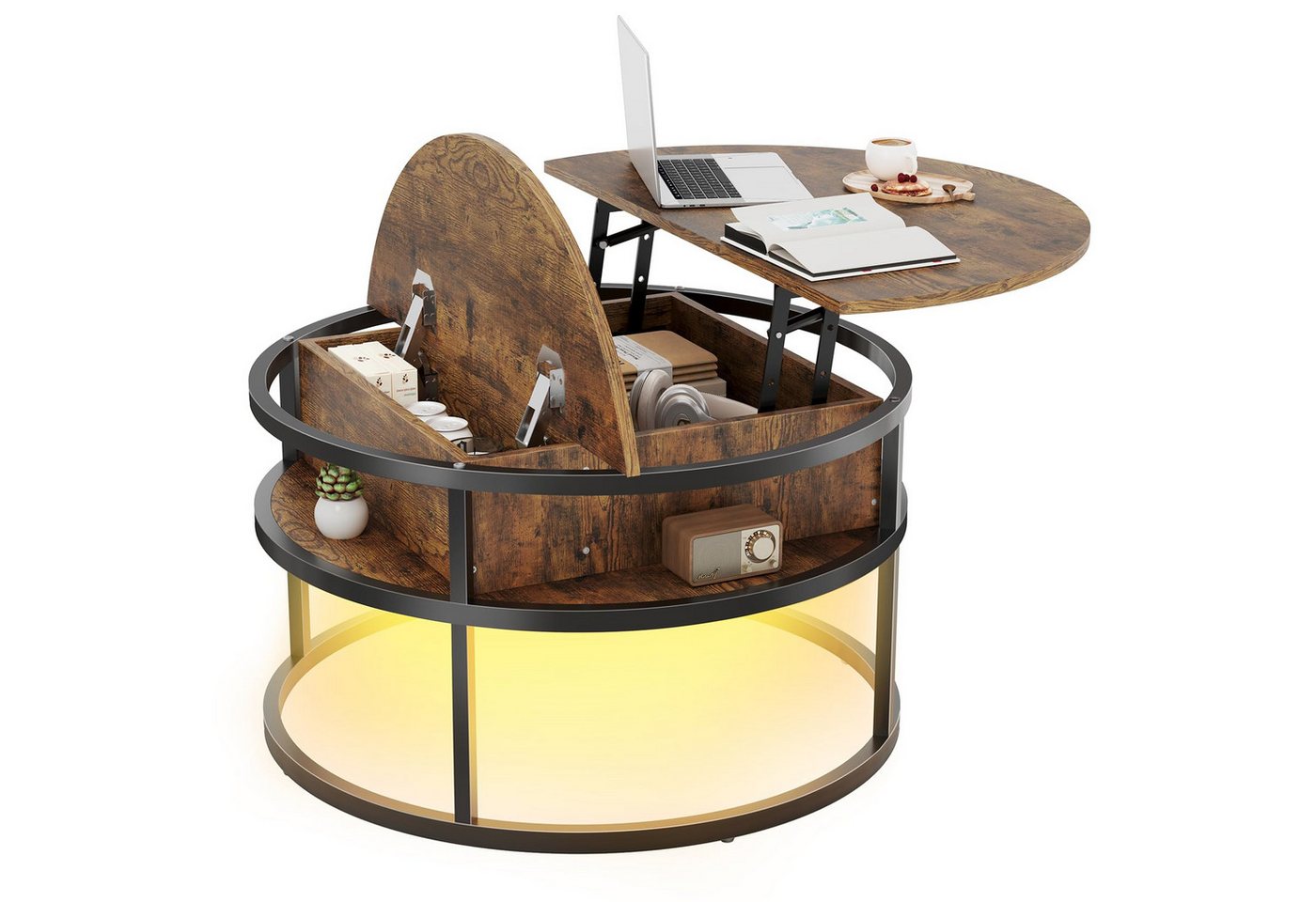 Dripex Couchtisch Couchtisch rund Holz höhenverstellbar mit Stauraum und Liftplatte