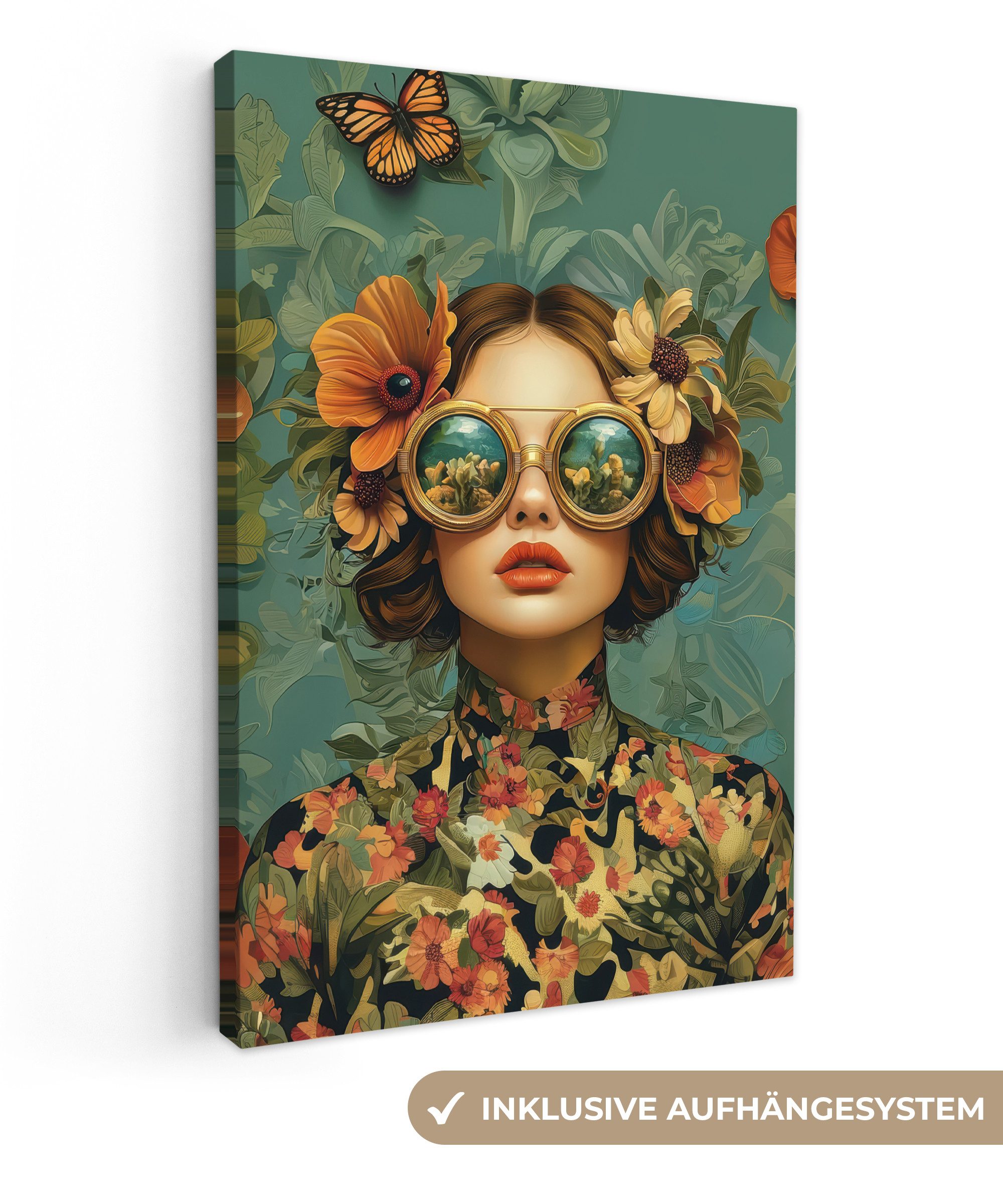 OneMillionCanvasses® Leinwandbild Frau - Blumen - Schmetterlinge - Natur - günstig online kaufen