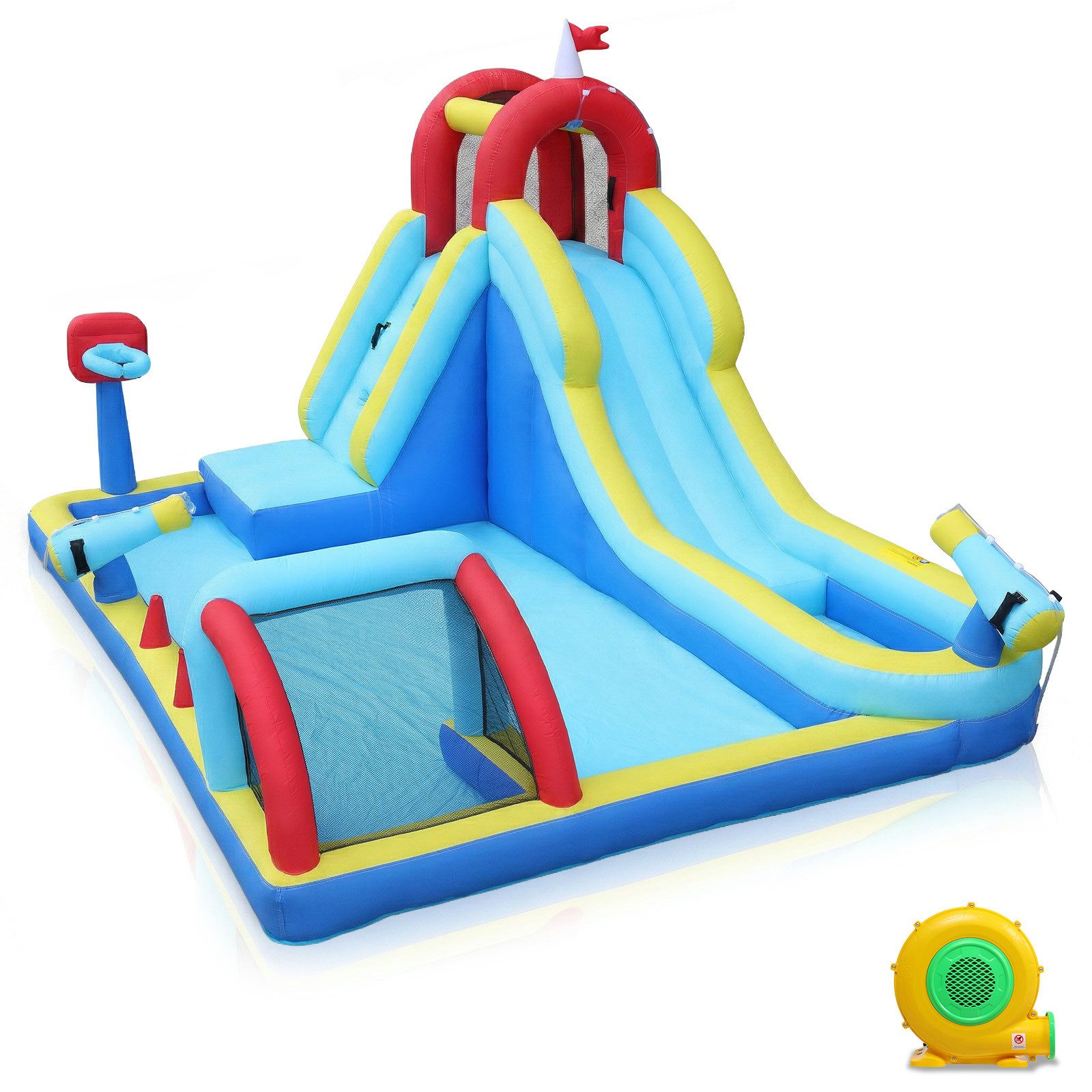 LALAHO Hüpfburg Springburg mit Gebläse,Wasserrutsche, Wasserpark mit Trampolin, 400x305x225cm mit Rutsche,Basketballkorb,für Innen & Außen, 3-8 Jahre