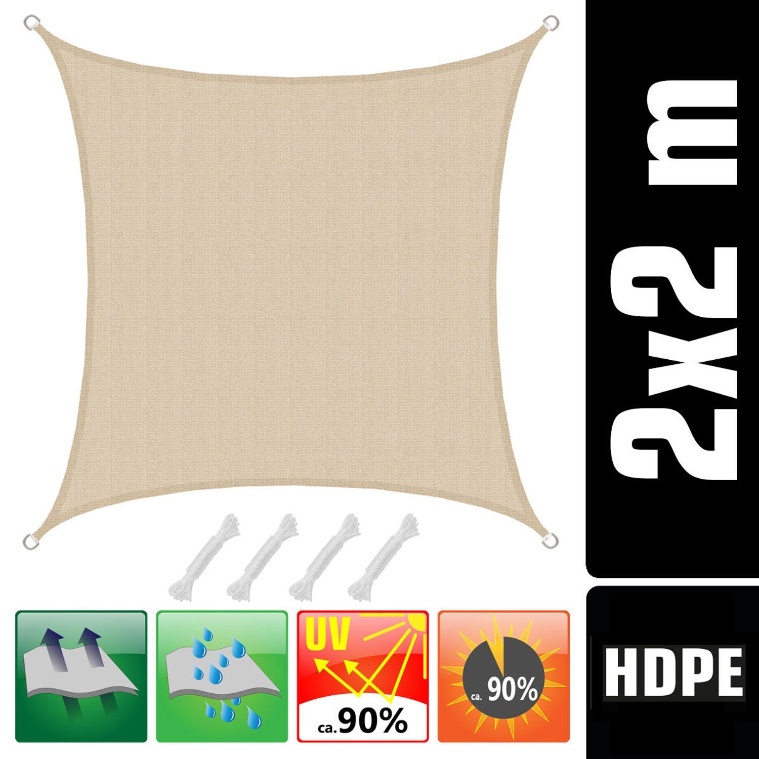 AMANKA Sonnensegel mit UV Schutz - 2 x 2 m Winddurchlässig für Garten, Terrasse & Balkon, Wasserdurchlässiges HDPE Sonnenschutzsegel - Überdachung Quadratisch