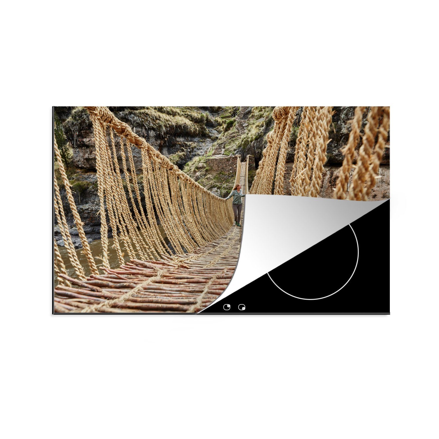 MuchoWow Herdblende-/Abdeckplatte Frau auf der Inka-Seilbrücke, Vinyl, (1 tlg), 81x52 cm, Induktionskochfeld Schutz für die küche, Ceranfeldabdeckung