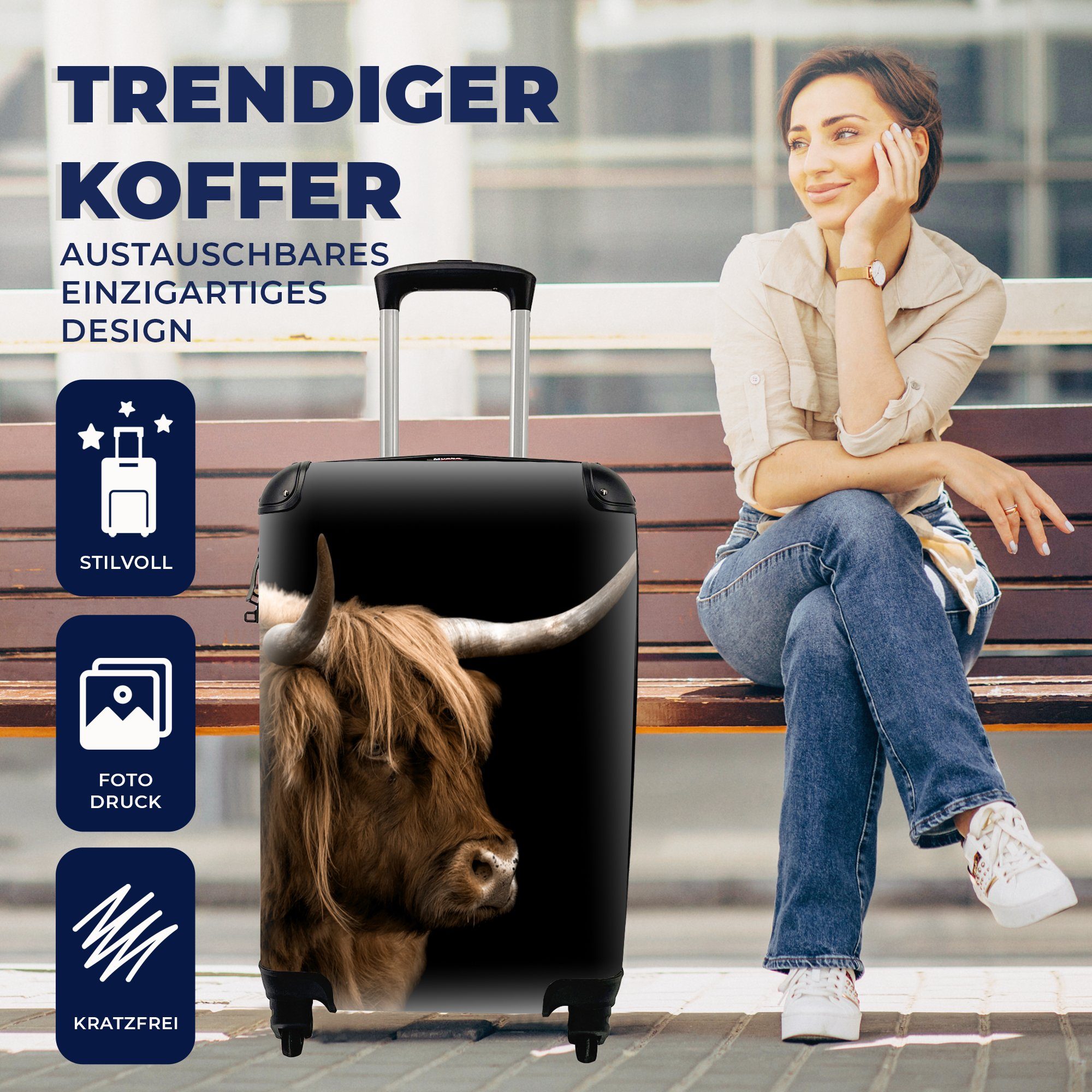 Handgepäckkoffer Handgepäck rollen, Reisetasche Trolley, Highlander Ferien, 4 MuchoWow Schottischer - Reisekoffer Schwarz, mit Kühe - für Rollen,