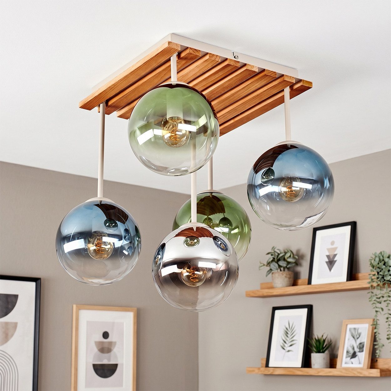 hofstein Deckenleuchte Deckenlampe aus Metall/Holz/Glas in Chrom/Rauch/Blau/Grün/Klar, moderne Deckenleuchte im Retro/Vintage/Boho-Design, 5 x E14
