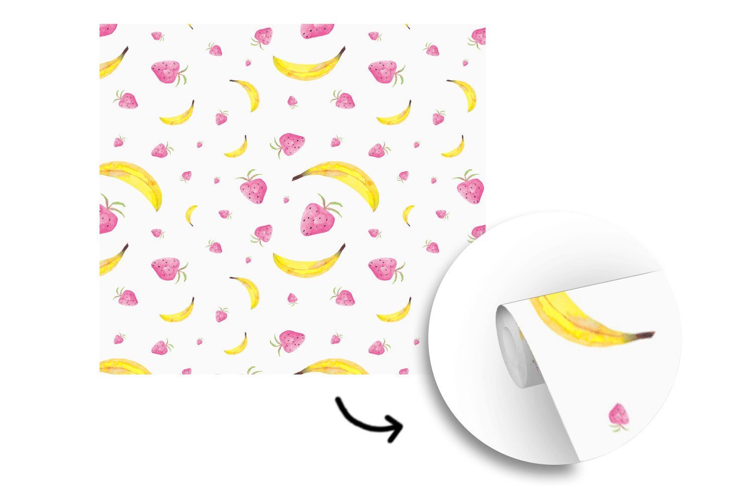 Matt, Weiß Design, Banane oder MuchoWow - - Tapete Schlafzimmer, St), für Vinyl - (5 Erdbeere bedruckt, Wandtapete Wohnzimmer Fototapete