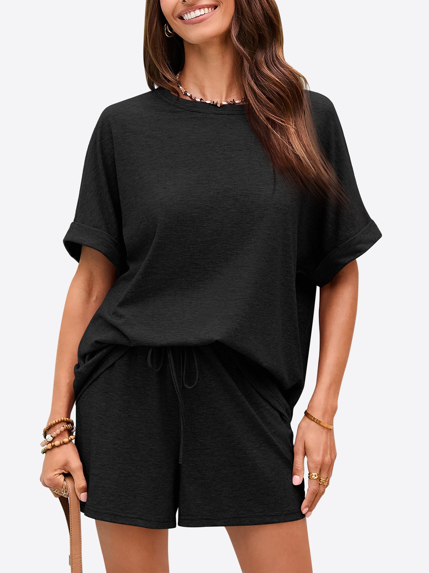 Imily Bela Hausanzug Damen 2-teilige Lounge-Sets (Set, 2 tlg., Oversized Kurzarm-T-Shirts + Shorts mit Kordelzug) einfarbig – Bild 5 von 5