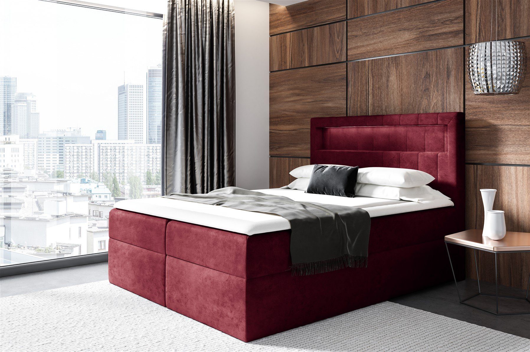 Fun Möbel Boxbett Schlafzimmerbett STORM in Stoff oder Kunstleder (Inkl. Ablagefach im Kopfteil, inkl. Bettkasten und Topper), inkl. LED-Beleuchtung (Warm- oder Kaltweiß)