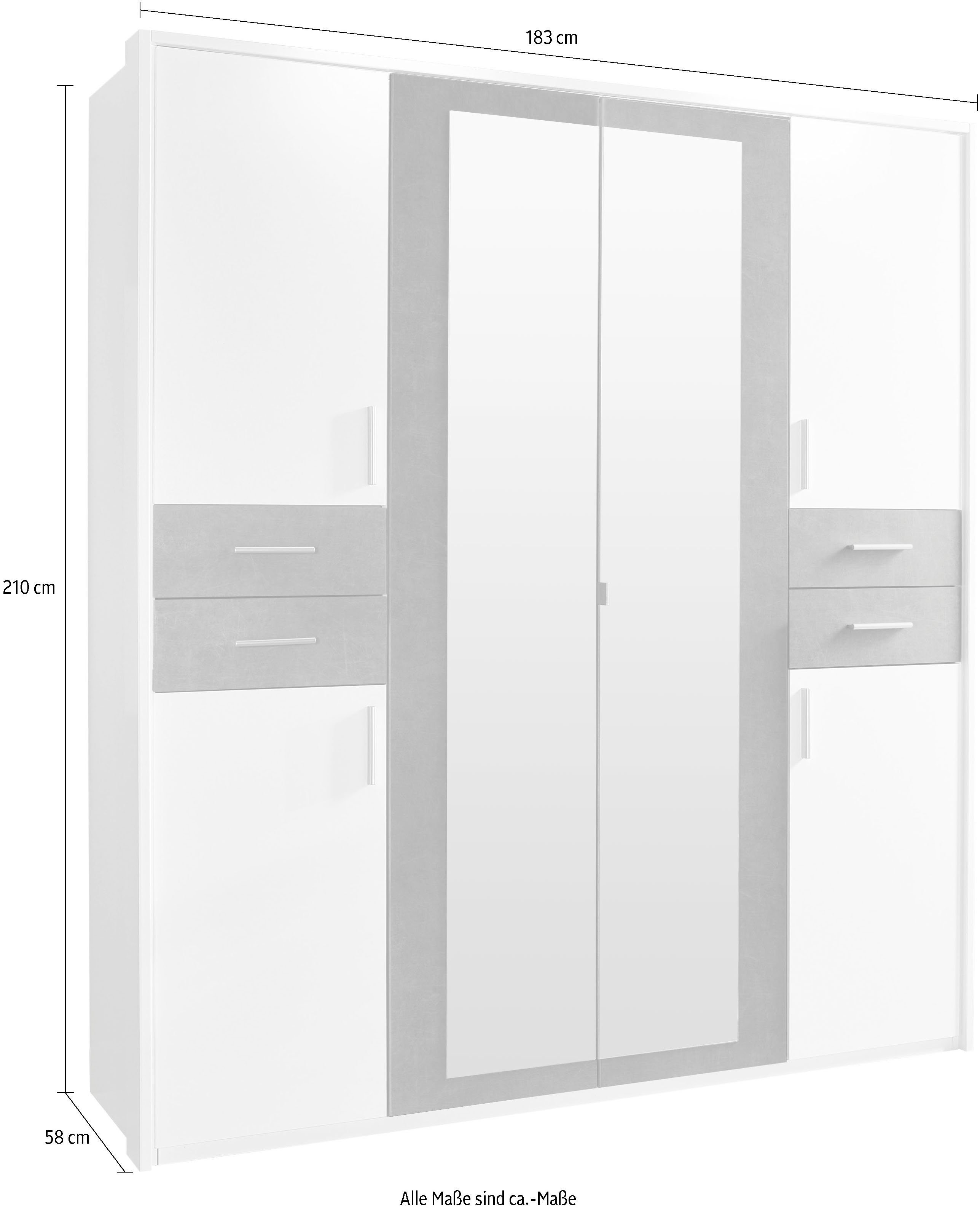 Schubladen Passepartout-Rahmen, Drehtürenschrank und inklusive Weiß/Graphit Spiegeltüren Wimex Vegas mit