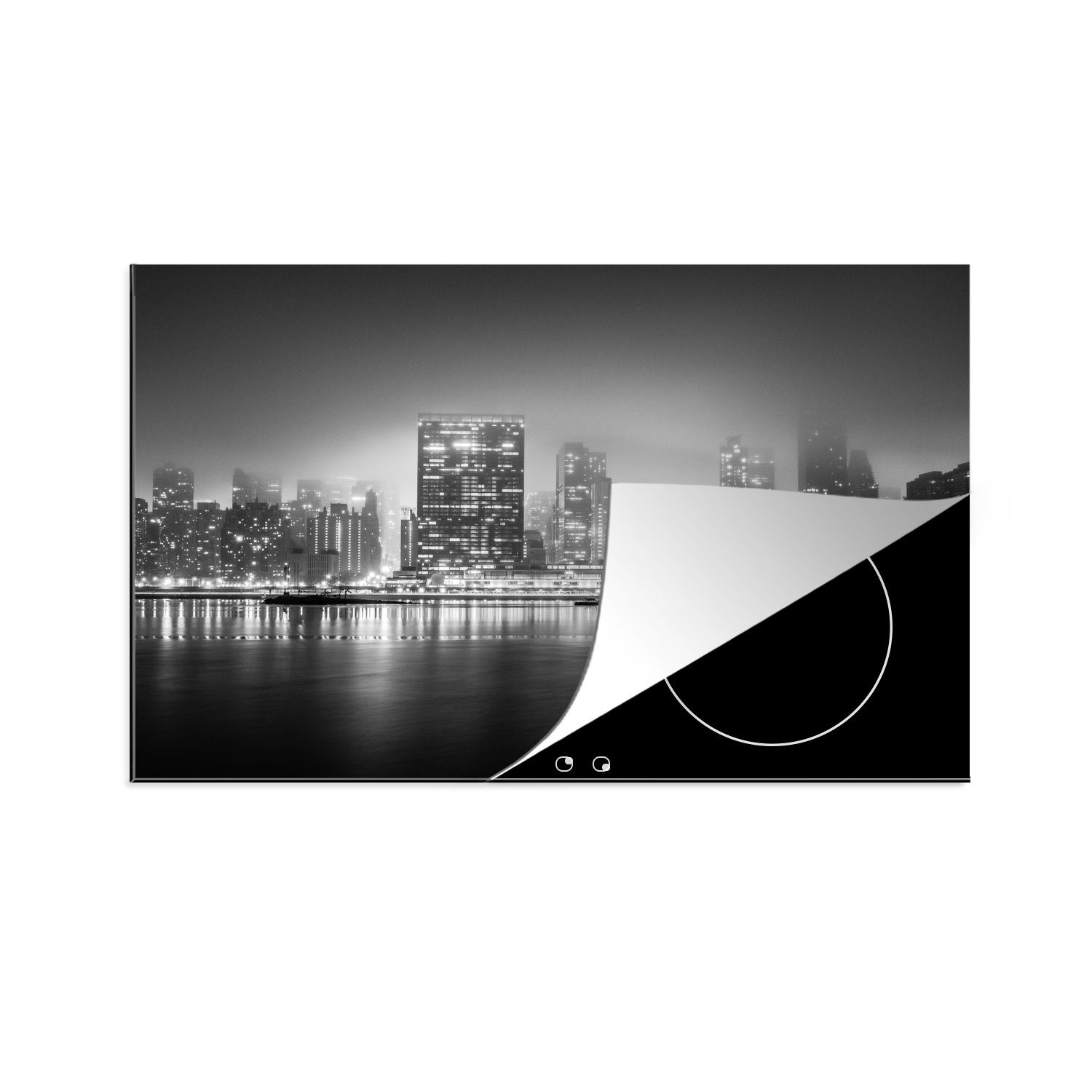 MuchoWow Herdblende-/Abdeckplatte Schwarz-Weiß-Fotografie einer Spiegelung in einem Stadtzentrum, Vinyl, (1 tlg), 81x52 cm, Induktionskochfeld Schutz für die küche, Ceranfeldabdeckung