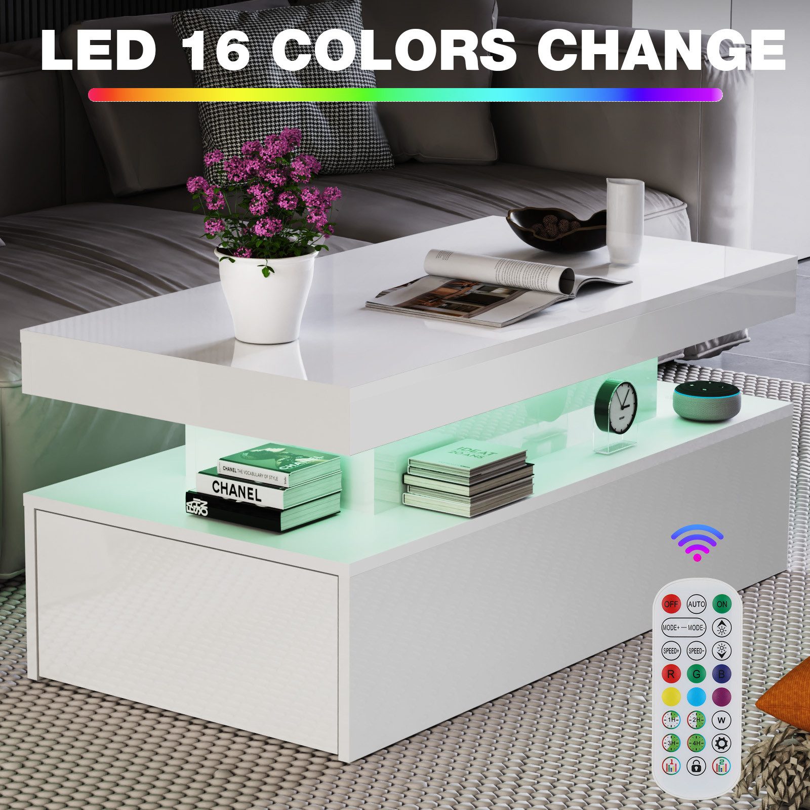 oyajia Couchtisch Wohnzimmertisch Hochglanz mit LED Beleuchtung & Fernsteuerung Modern (Bluetooth-Fernbedienung.App-Steuerung, offenen Fächern,stabil, pflegeleicht, modernes Hochglanz-Design), 95 x 48 x 42cm Beistelltisch,mit 2 Schubladen,Farbwechsel-LEDs