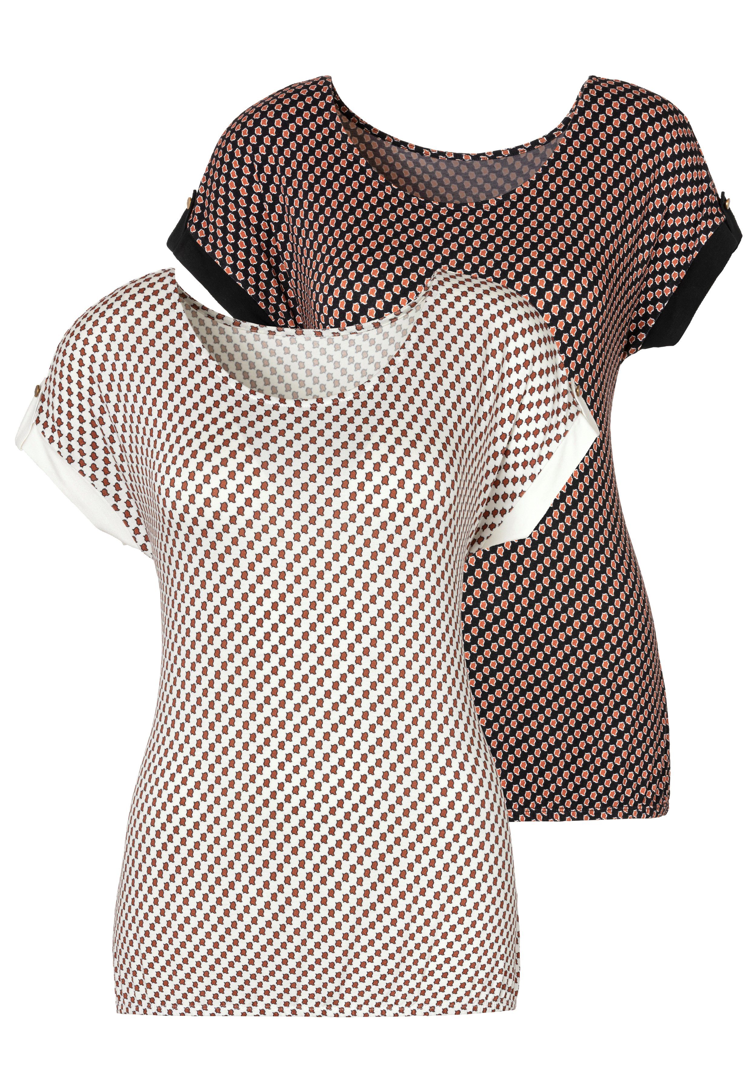 Vivance T-Shirt (2er-Pack) Ärmel unifarbenen mit goldfarbenen und Angeschnittene mit kleinem am goldfarbenen und Knopf Beleg Knopf Beleg Ärmelsaum