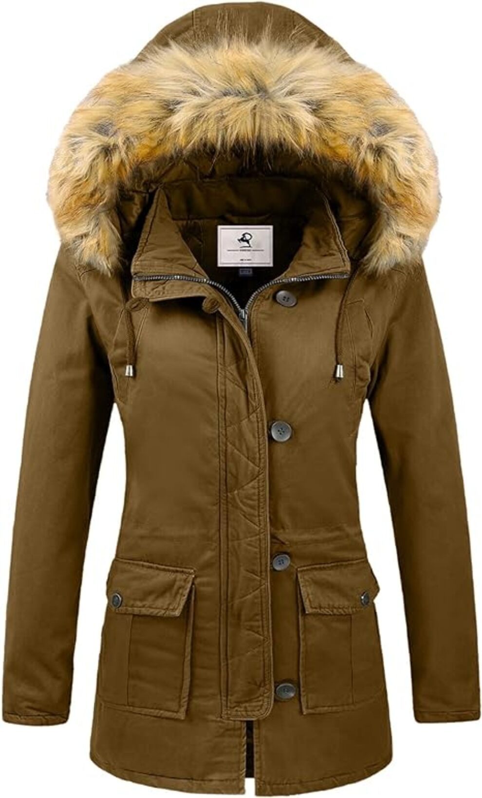 Wintermantel Winterjacke Parka Mantel Abnehmbare Kapuze Lange Jacke Khaki-M