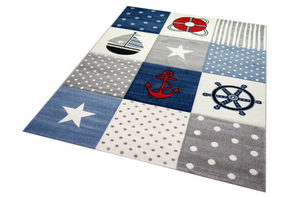 Carpetia Kinderteppich Kinderteppich Kinderzimmer Jungen Maritim Meer kariert blau, rund, Höhe: 13 mm