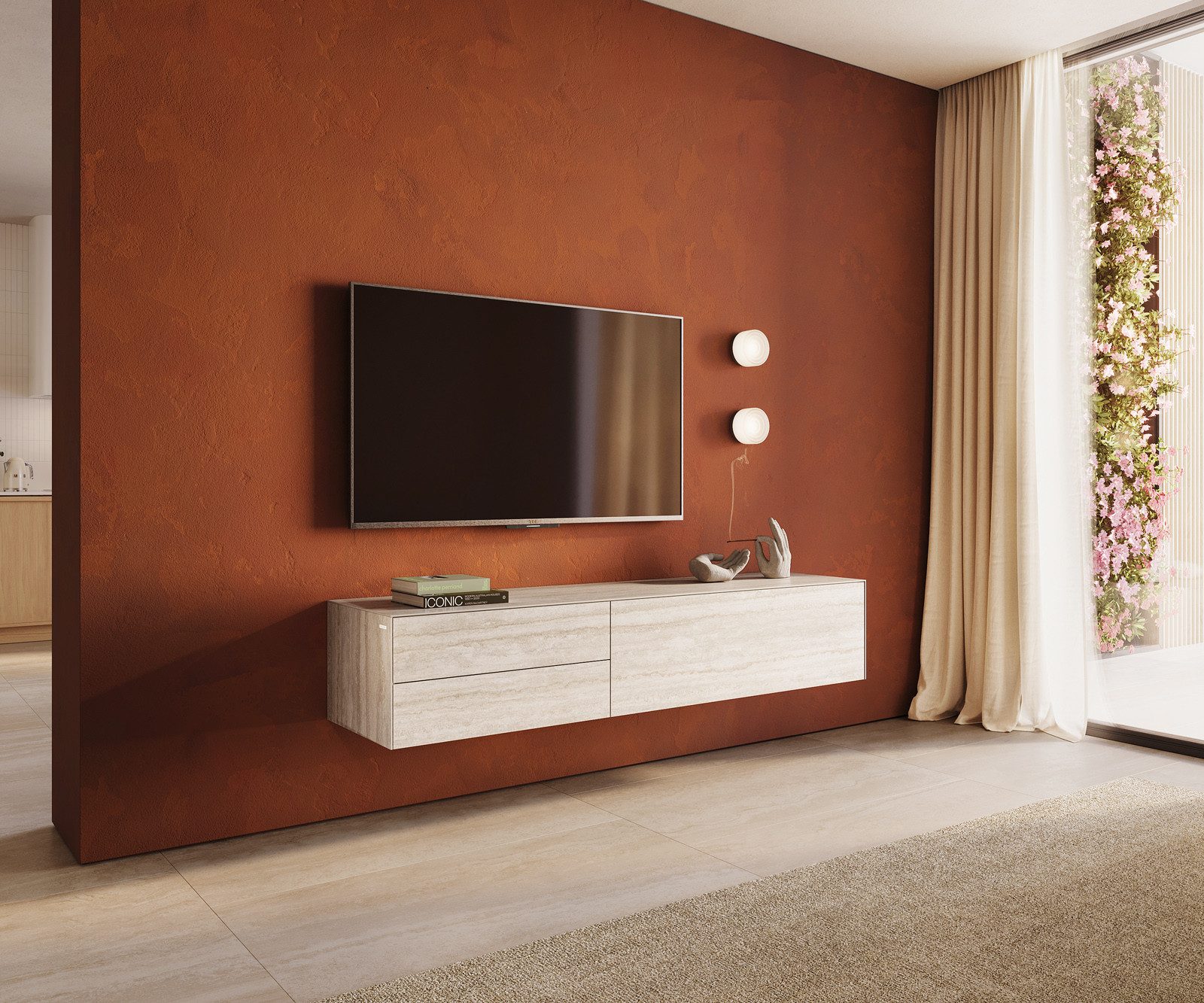 DELIFE Lowboard Cuor, Keramik Laminam® Travertino Bianco Creme-Weiß 180 cm 1 Klappe 2 Schubf