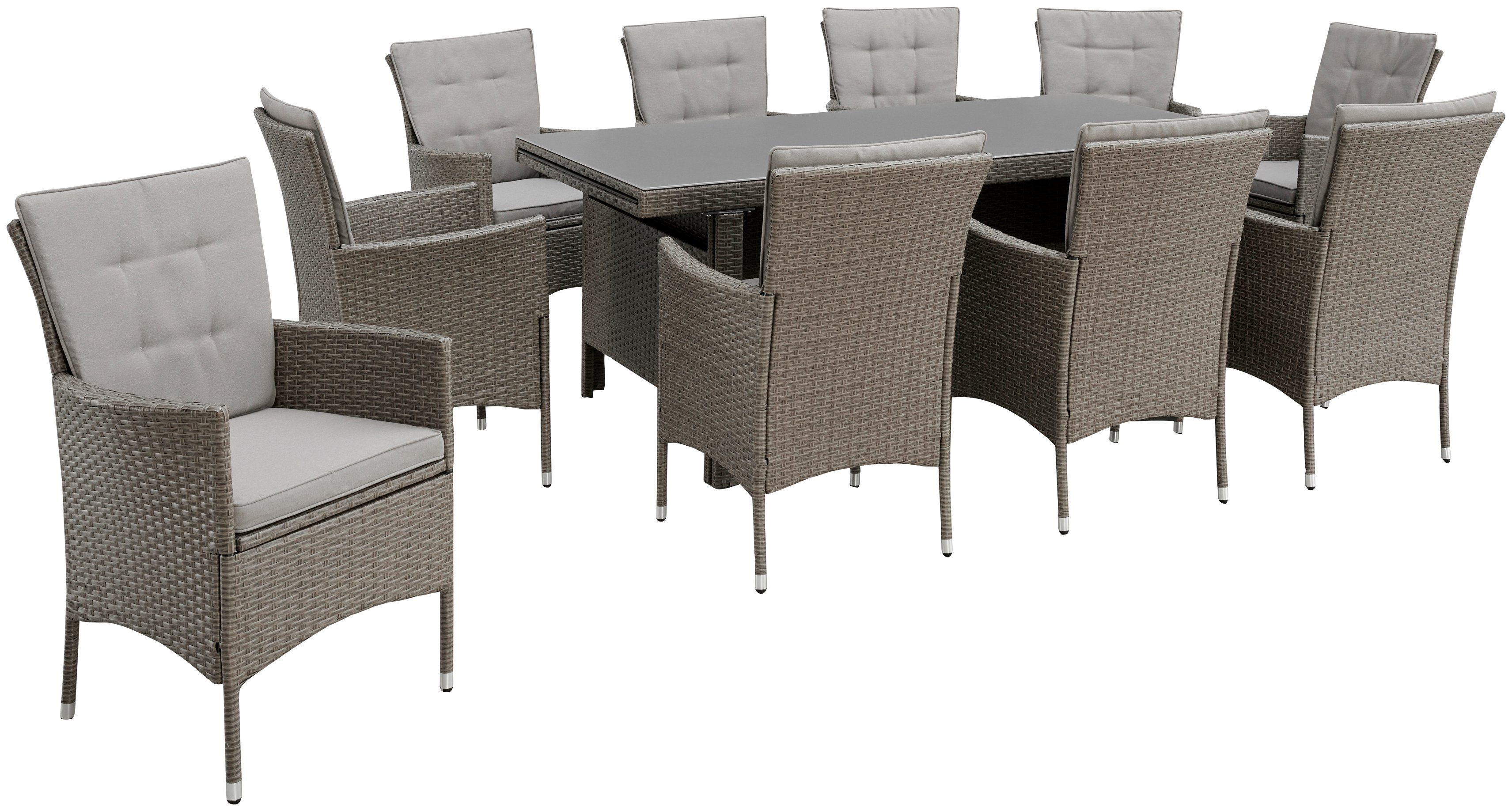KONIFERA Garten-Essgruppe Mailand, (Set, 31-tlg., 10x Sessel, 1x AZ-Tisch 179-302 cm, inkl. Auflagen), Polyrattan, Stahl, Braun