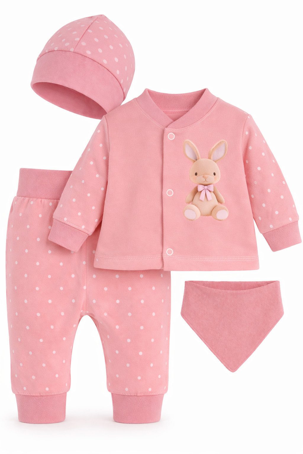 La Bortini Erstausstattungspaket Baby Anzug Hemdchen Hose Mütze Dreieckstuch Garnitur (4-teilig, Set für Neugeborene, Erstlingsset für Mädchen) aus Baumwolle, 44 50 56 62 68 74 80 86