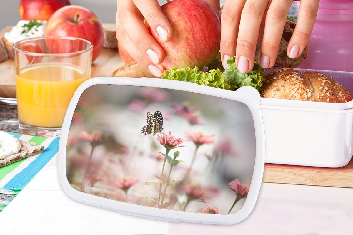 Jungs Brotbox - Schmetterling Mädchen Erwachsene, Kinder für und - Rosa, (2-tlg), Blume für weiß MuchoWow und Lunchbox Brotdose, Kunststoff,