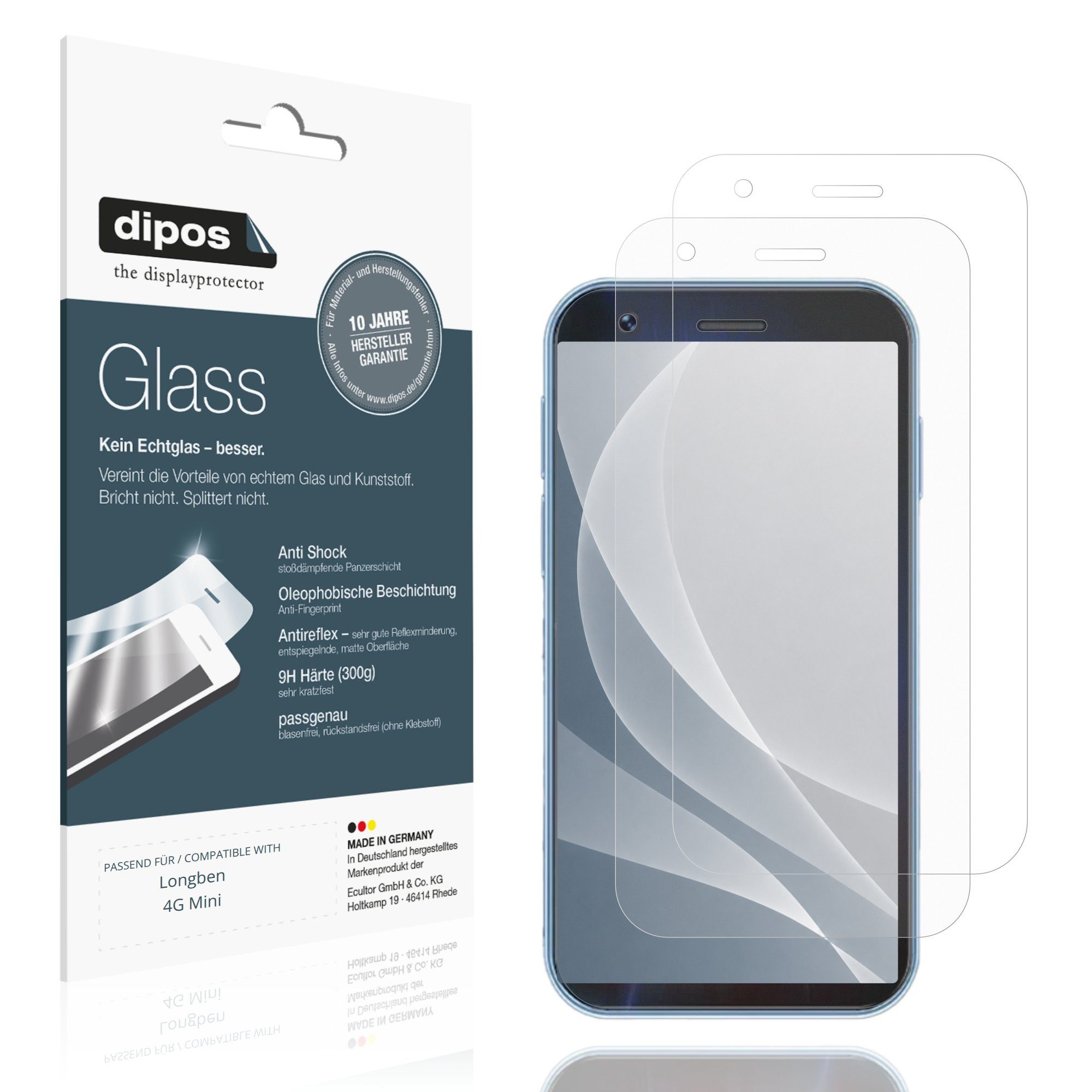 dipos Displayschutzfolie Schutzfolie für Longben 4G Mini, 2 Stück, Displayschutz Schutz Folie Made in Germany