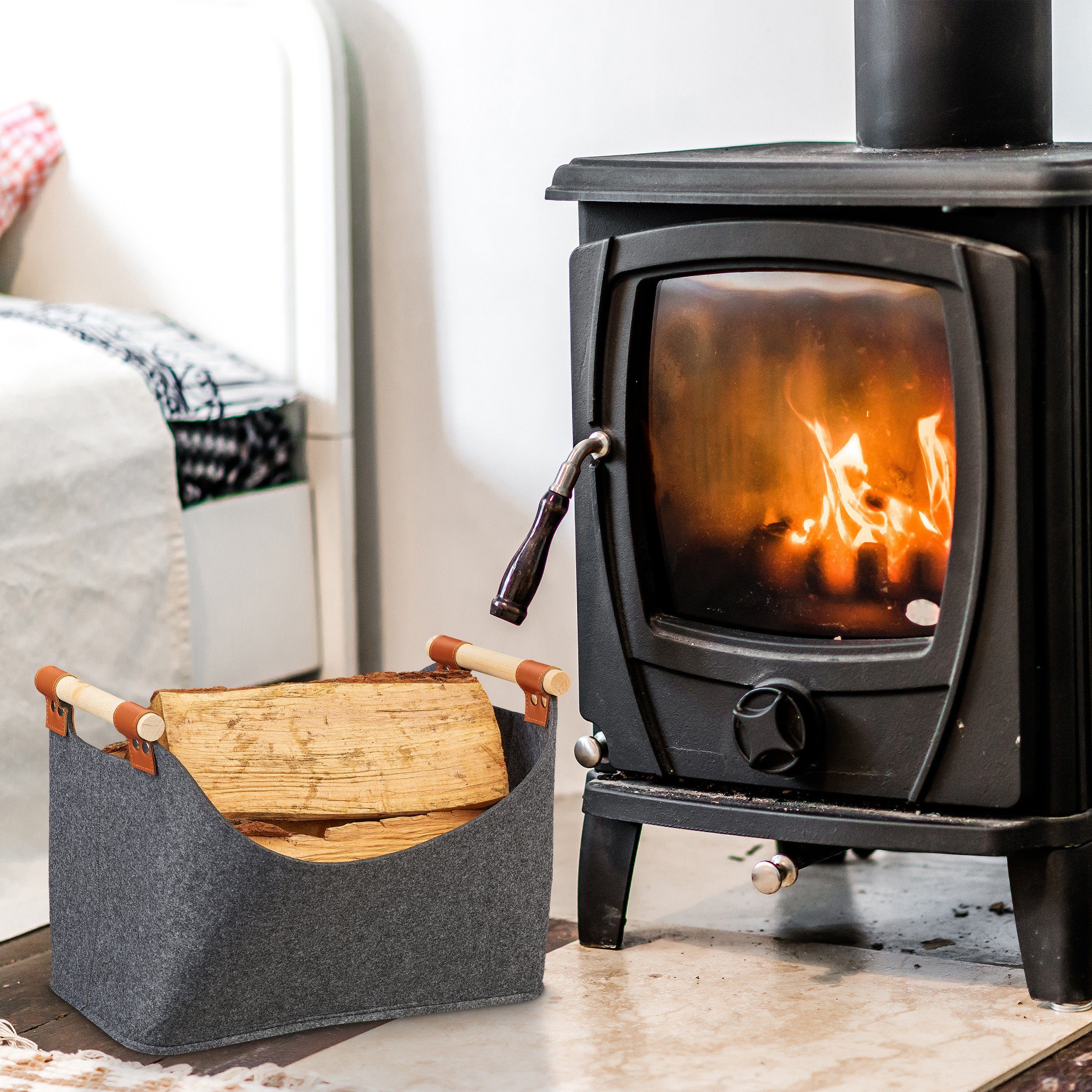 relaxdays Aufbewahrungskorb Filztasche mit Holzgriffen, Dunkelgrau günstig online kaufen