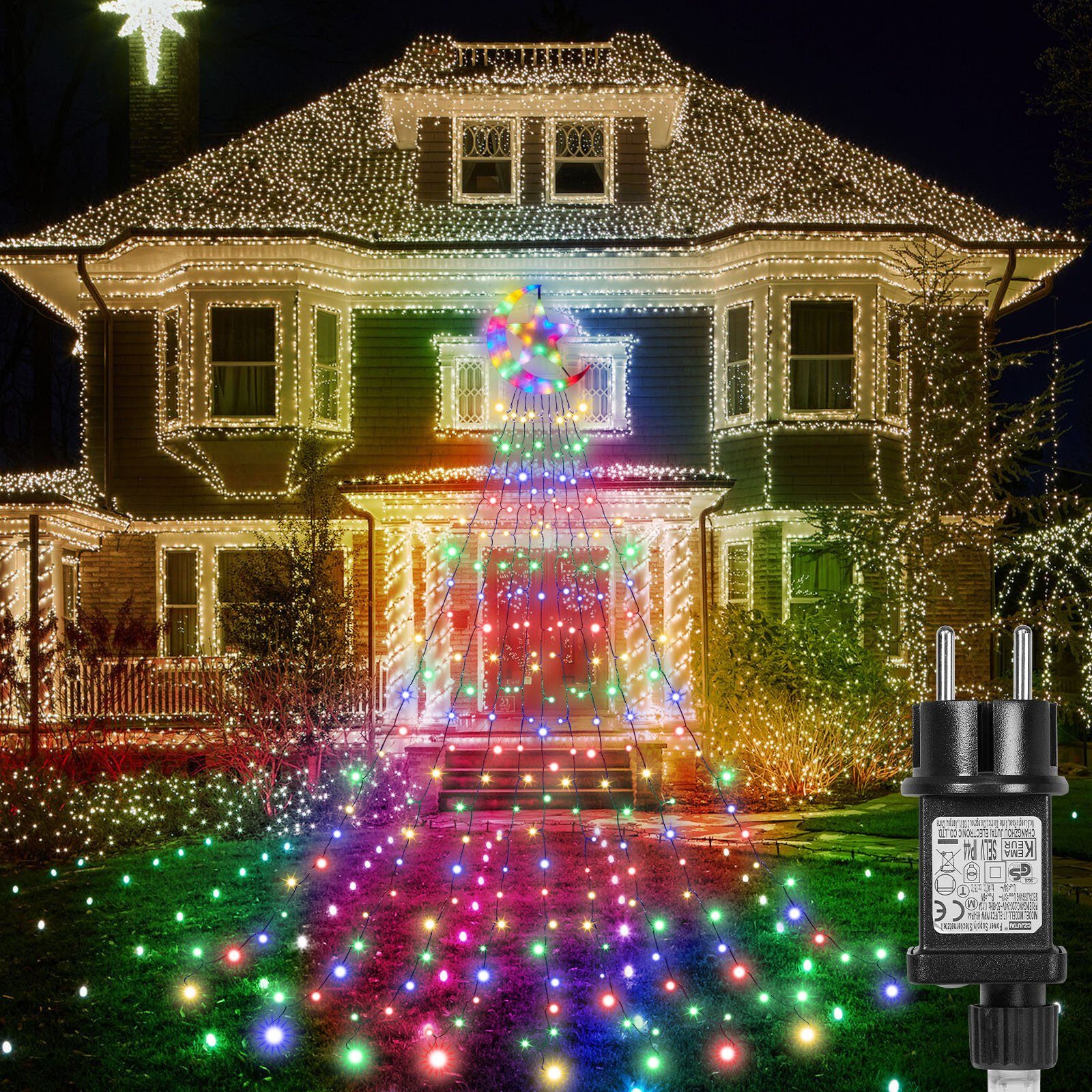 Laybasic LED-Lichterkette LED-Lichterkette,Christbaumbeleuchtung,LED Weihnachtsbaum Lichterkette, 350-flammig, mit Topper Moon Star,Christbaumbeleuchtung,8-Modi,Timer,IP44 Mehrfarbig