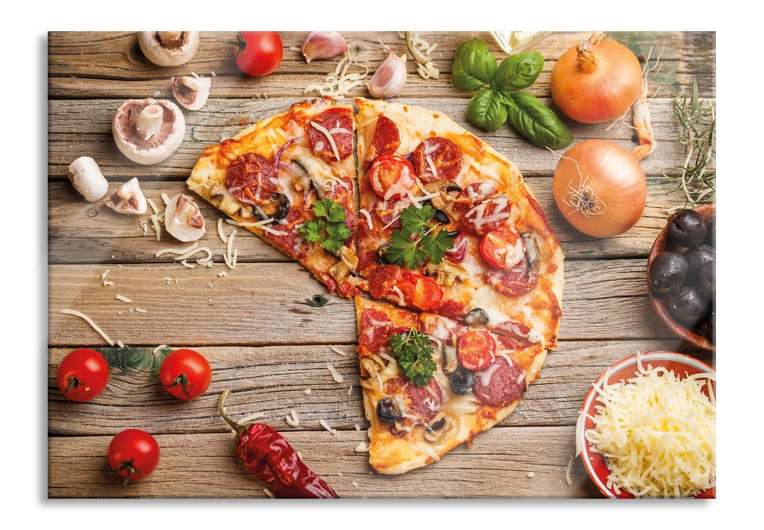 und Glasbild Holztisch, aus auf auf Holztisch St), Pizza Italia Echtglas, (1 inkl. Glasbild Aufhängungen Pixxprint Italia Abstandshalter Pizza