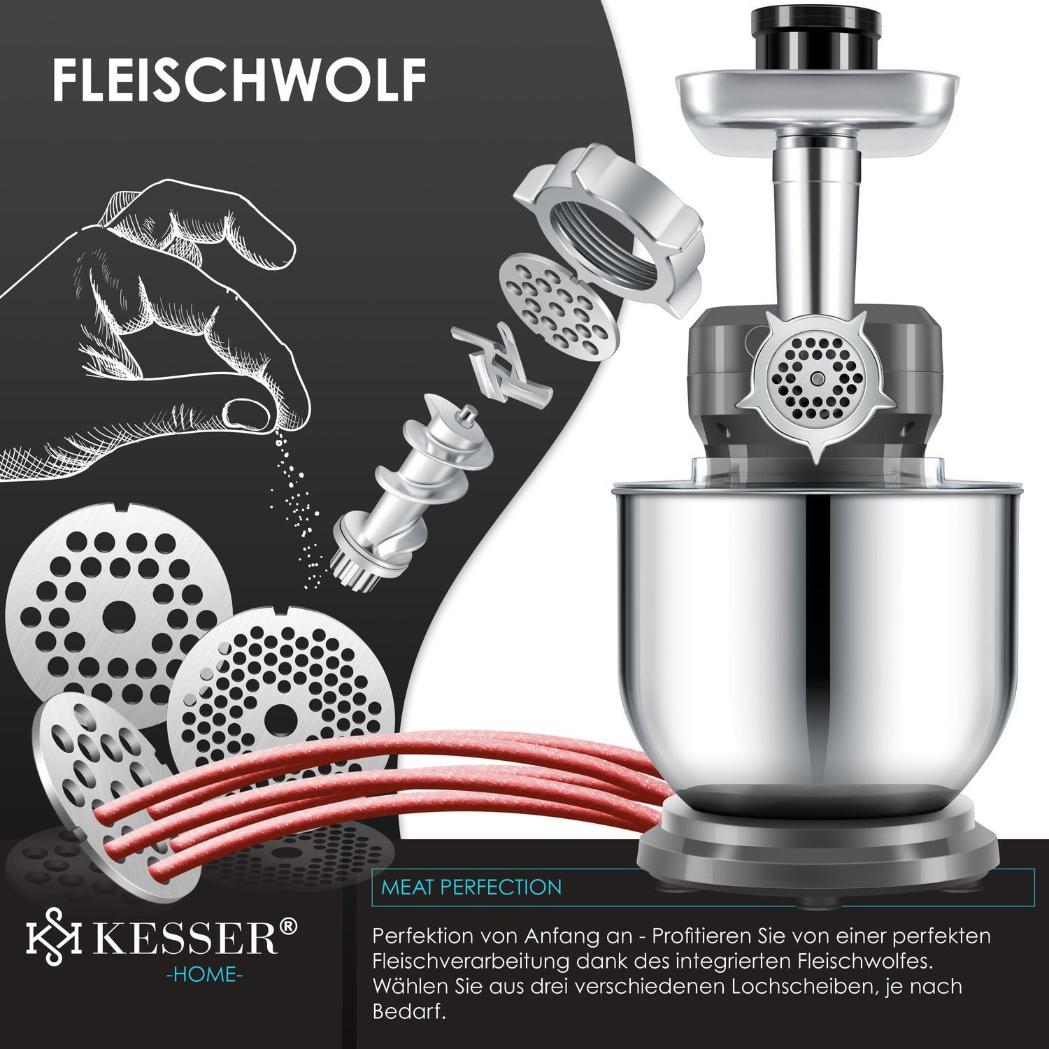 KESSER Küchenmaschine, Universal Küchenmaschine K-KM 3000 mit Fleischwolf Knetmaschine 5,5L