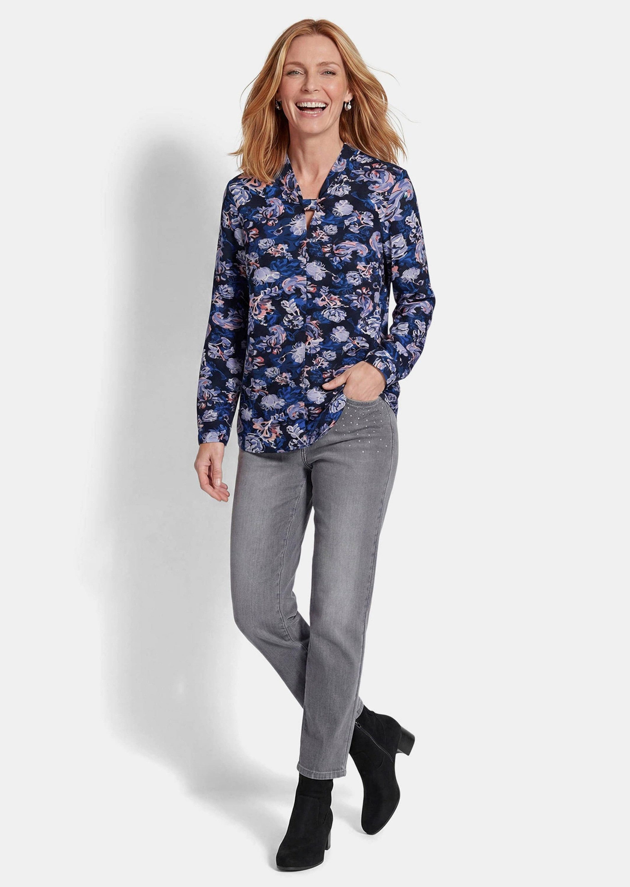 GOLDNER Print-Shirt Knotenshirt mit Stehkragen Gerades Jersey-Oberteil mit floralem Druck und schmaler Manschette