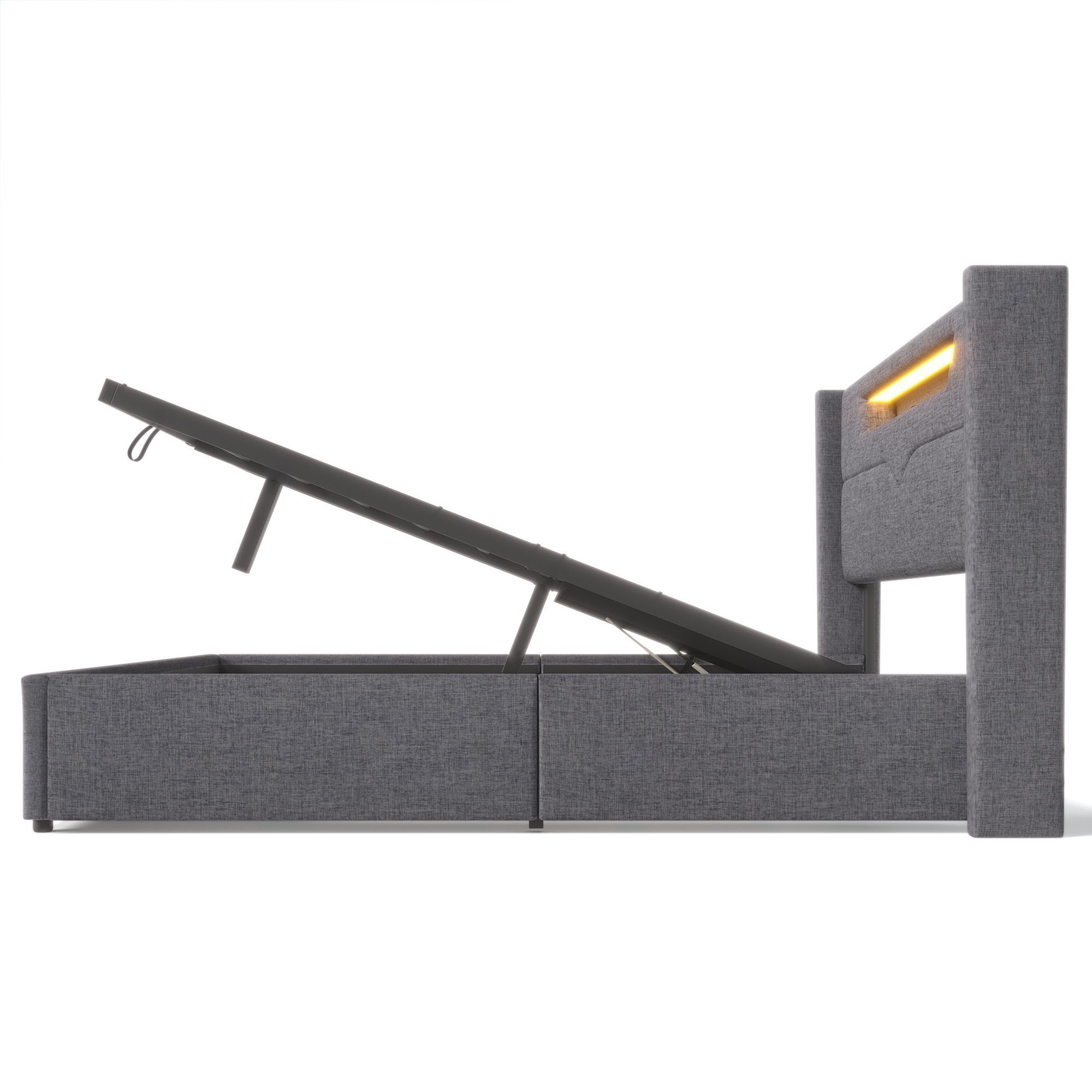 Polsterbett (Hydraulisches Bett mit Lattenrost und LED-Beleuchtung), Stauraumbett mit USB Typ C Ladefunktion Kopfteil, Leinen, 140x200cm