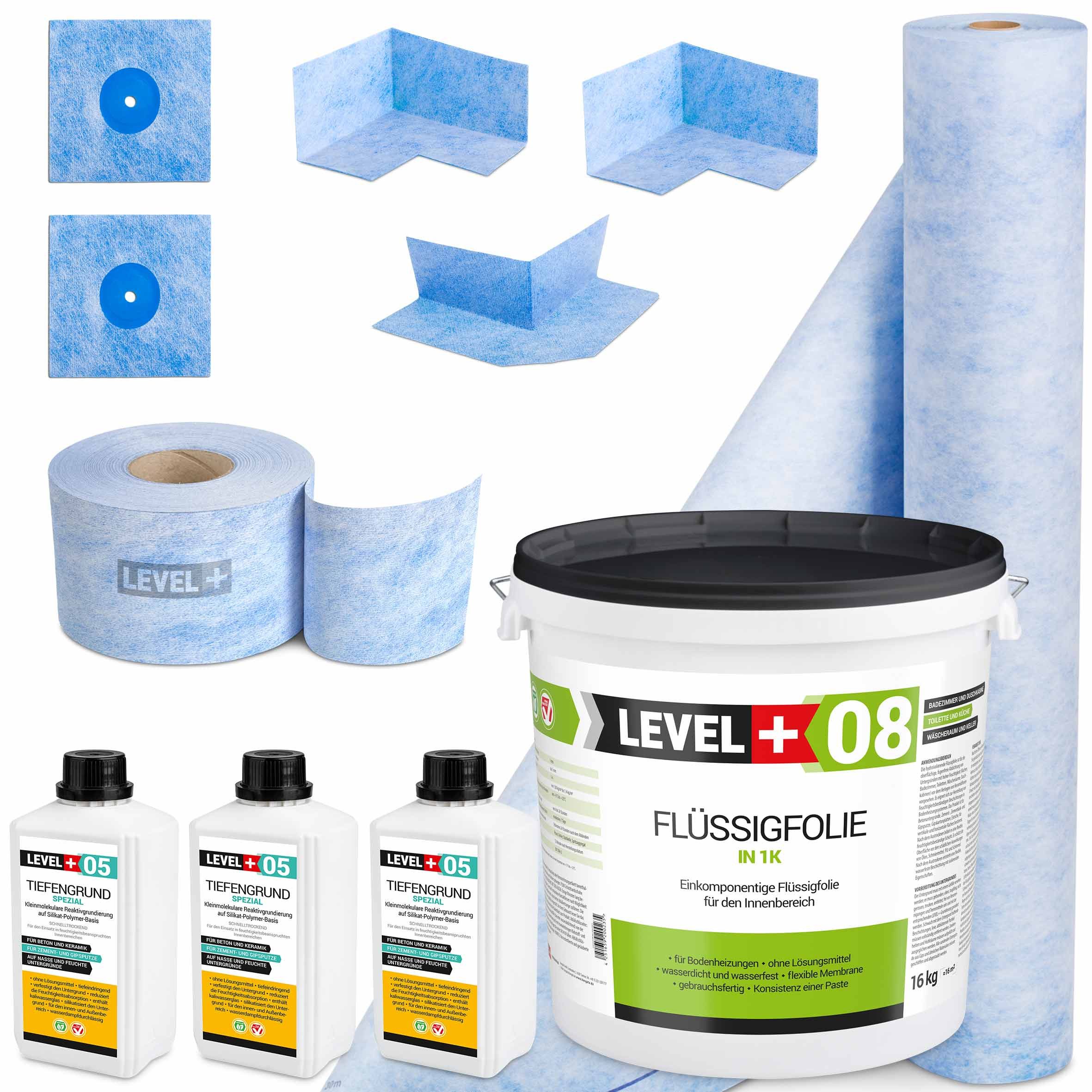Level+ Dichtstoff Dichtset für Duschabdichtung Bad Dichtband Flüssigfolie 16kg SET44