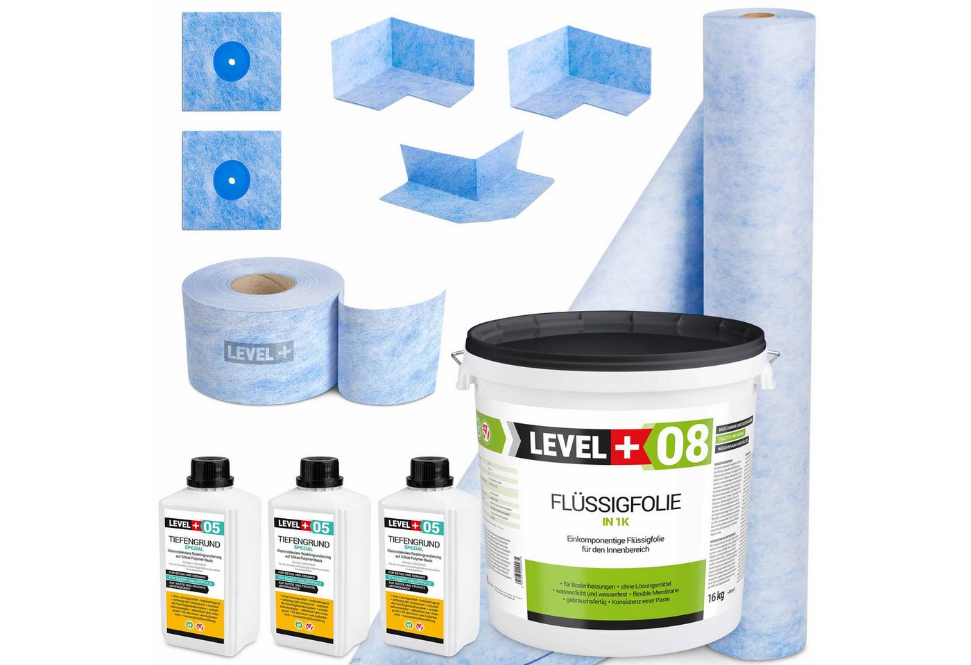 Level+ Dichtstoff Dichtset für Duschabdichtung Bad Dichtband Flüssigfolie 16kg SET44