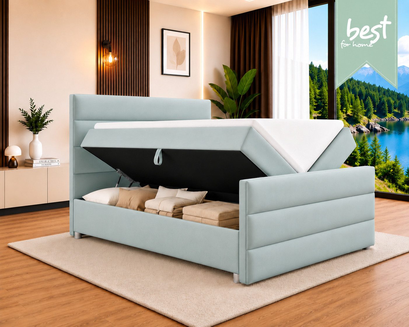 Best for Home Boxspringbett Trinity K-1 LUX – Modern Boxspringbett mit Stauraum & Komfort (Boxspringbett-Set, 1-St., Komplettes Boxspringbett-Set inklusive Matratze und Topper), Ergonomischer Schlafkomfort, großer Stauraum