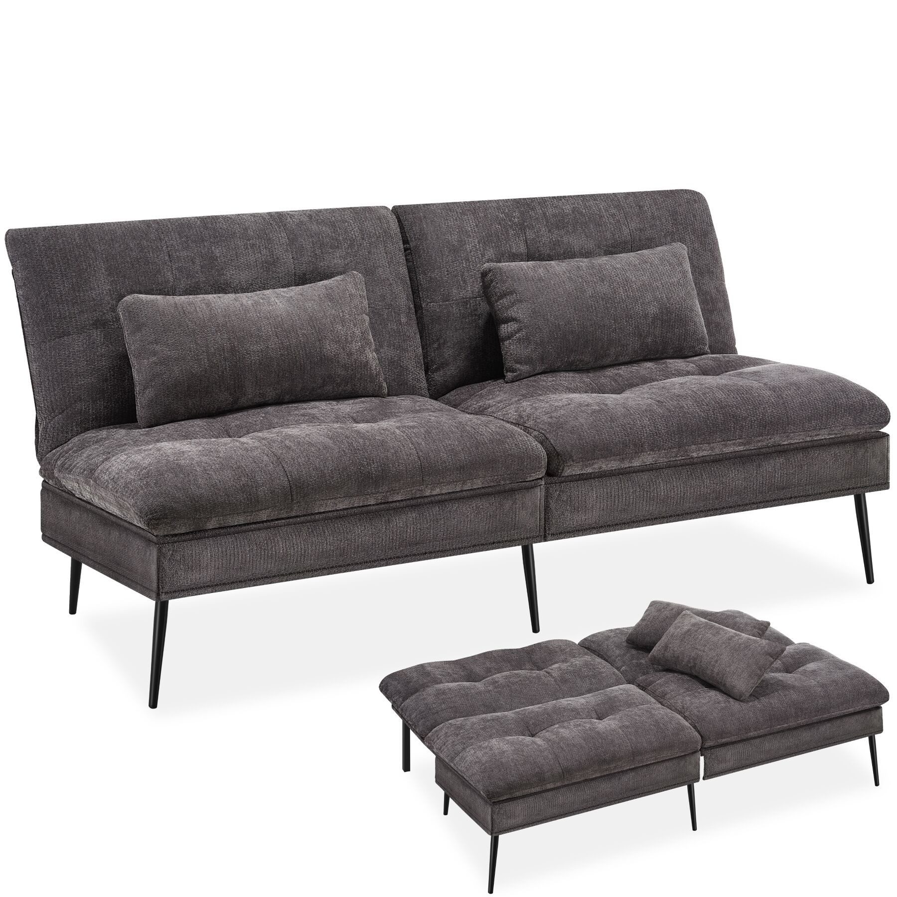 tectake Sofa Schlafcouch 3in1, 3-Sitzer, 6-fach verstellbare Rückenlehne, 300 kg, Sofa mit Schlaffunktion Tokio, Stahlgestell, dicke Polsterung, Inkl. Kissen