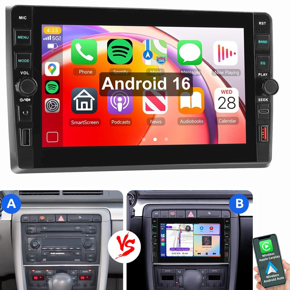 ESSGOO Für Audi A4 8E 8H B6 B7 2000-2009 Android 15 Bluetooth FM/AM Autoradio (RDS, Digitalradio (DAB), FM)