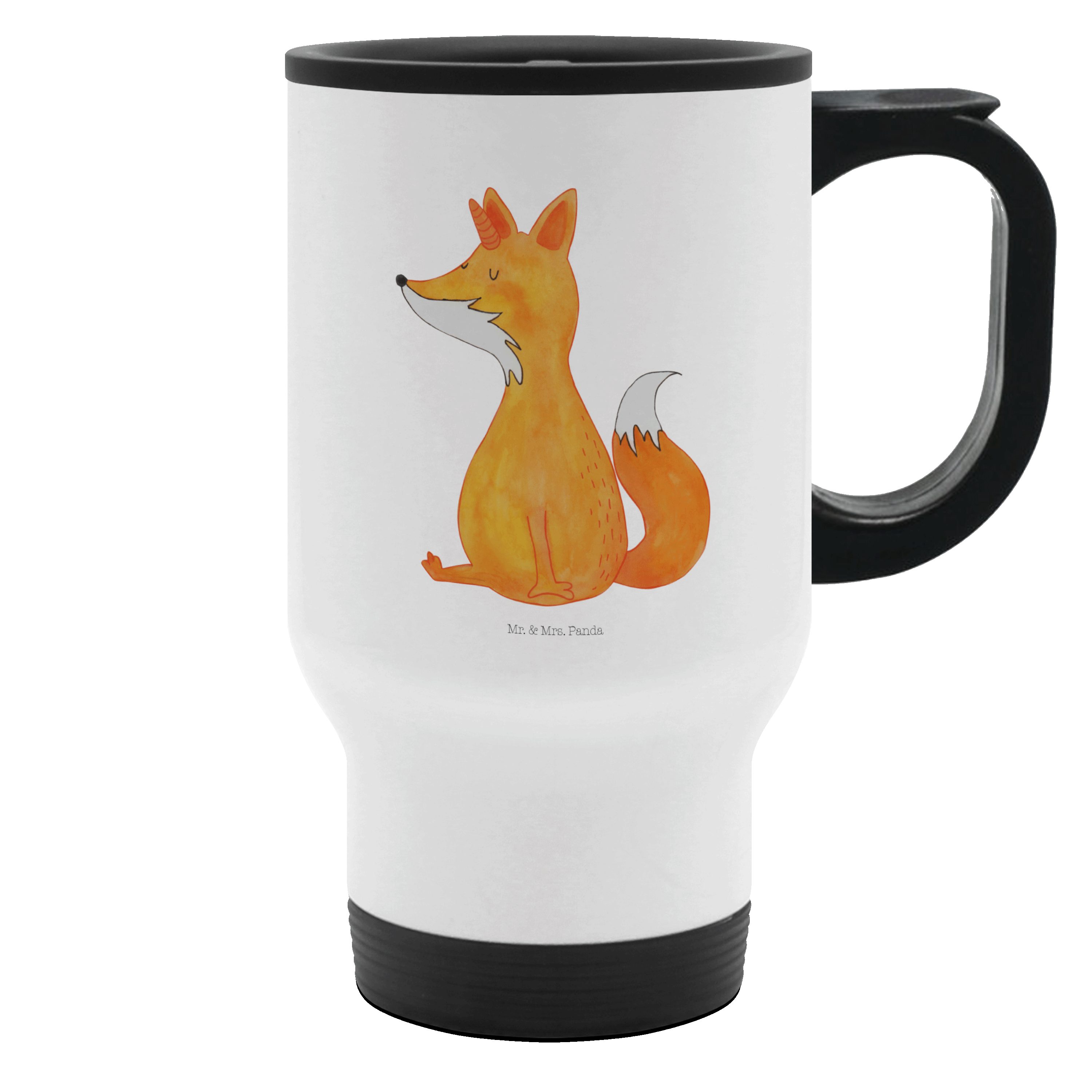 Mr. & Mrs. Panda Thermobecher Einhorn Fuchs, Thermobecher, Weiß, Unicorn, Fuchshörnchen, Unicorns, Edelstahl, Thermobecher Schule Kaffee-Thermobecher kaffeebecher mit deckel