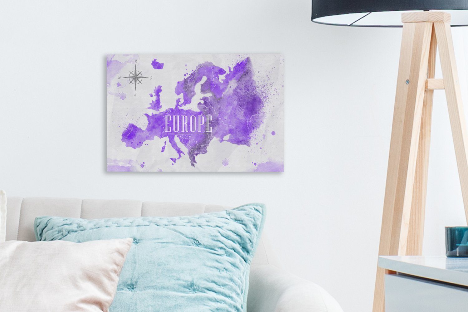 Farbe, OneMillionCanvasses® Leinwandbilder, Wandbild - 30x20 Wanddeko, cm St), Weltkarte (1 Leinwandbild Europa - Aufhängefertig,