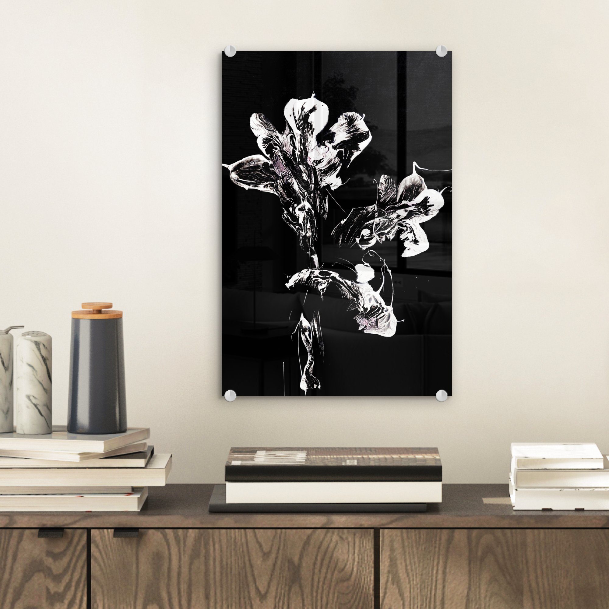 - - Weiß, - Schwarz Wanddekoration Glas Wandbild Foto MuchoWow - St), Glas (1 Glasbilder auf Bilder auf Acrylglasbild - Blumen Farbe -
