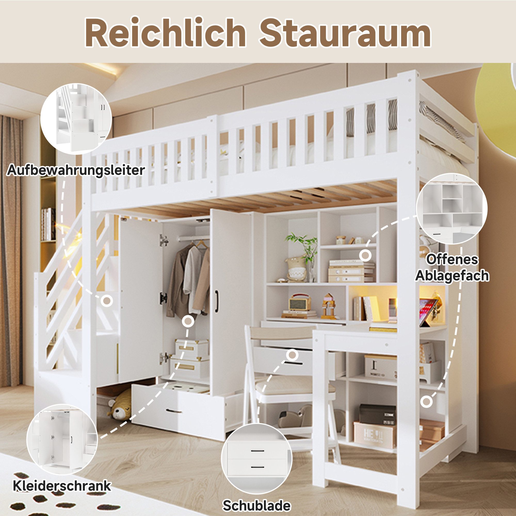 Odikalo Hochbett Kinderbett 90x200 mit Schreibtisch und Großer Stauraum (Hochbett, 90x200cm, Ablageleiter, Kleiderschrank, Schreibtisch, Schubladen, Staufächer, Ohne Matratze, Weiß)