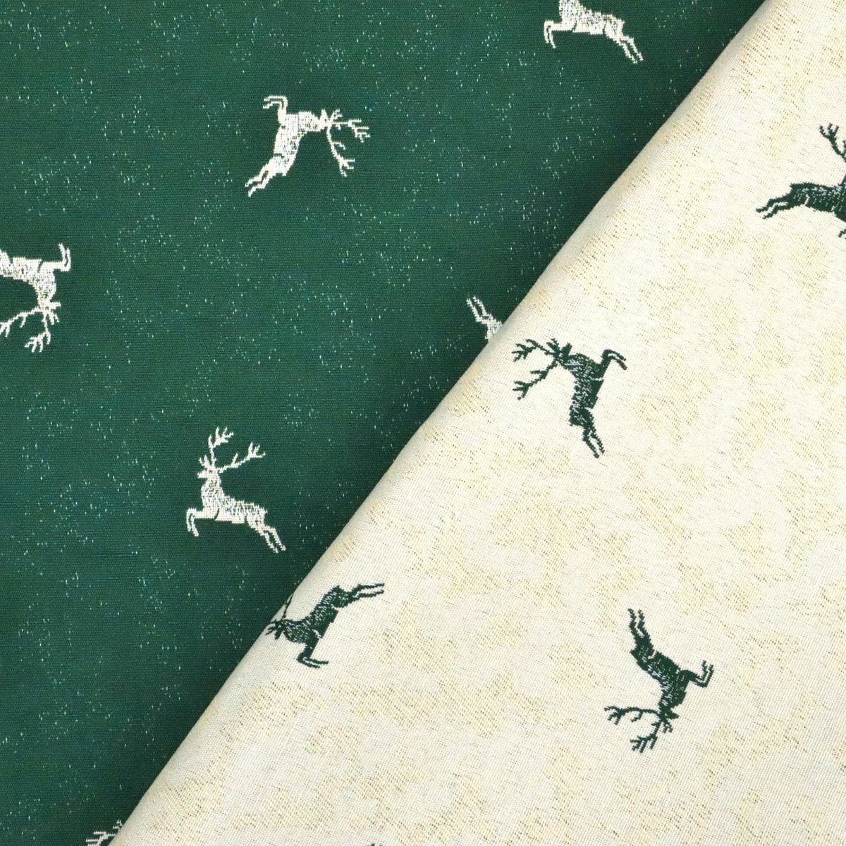 Stofferia Stoff Dekostoff Jacquard Weihnachten Hirsch Grün, Breite 140 cm, günstig online kaufen