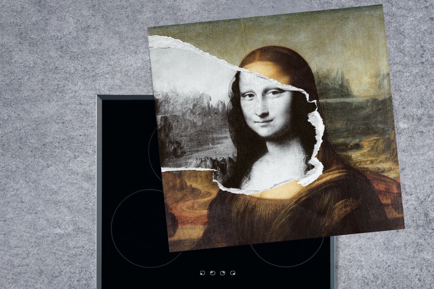 78x78 Mona Lisa Vinyl, Arbeitsplatte (1 - für Meister, Da Alte tlg), Vinci Herdblende-/Abdeckplatte MuchoWow - küche Ceranfeldabdeckung, cm,