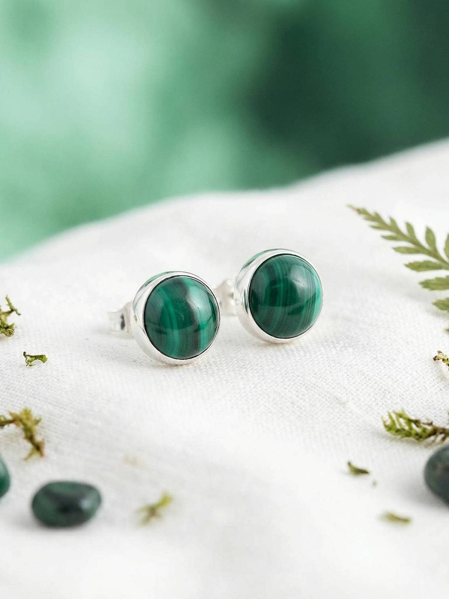 mantraroma Paar Ohrstecker SAMA rund medium aus 925 Silber mit Malachit (Paar, Paar Ohrringe mit Schmuckbeutel), 925 Sterling Silber Ohrringe für Damen