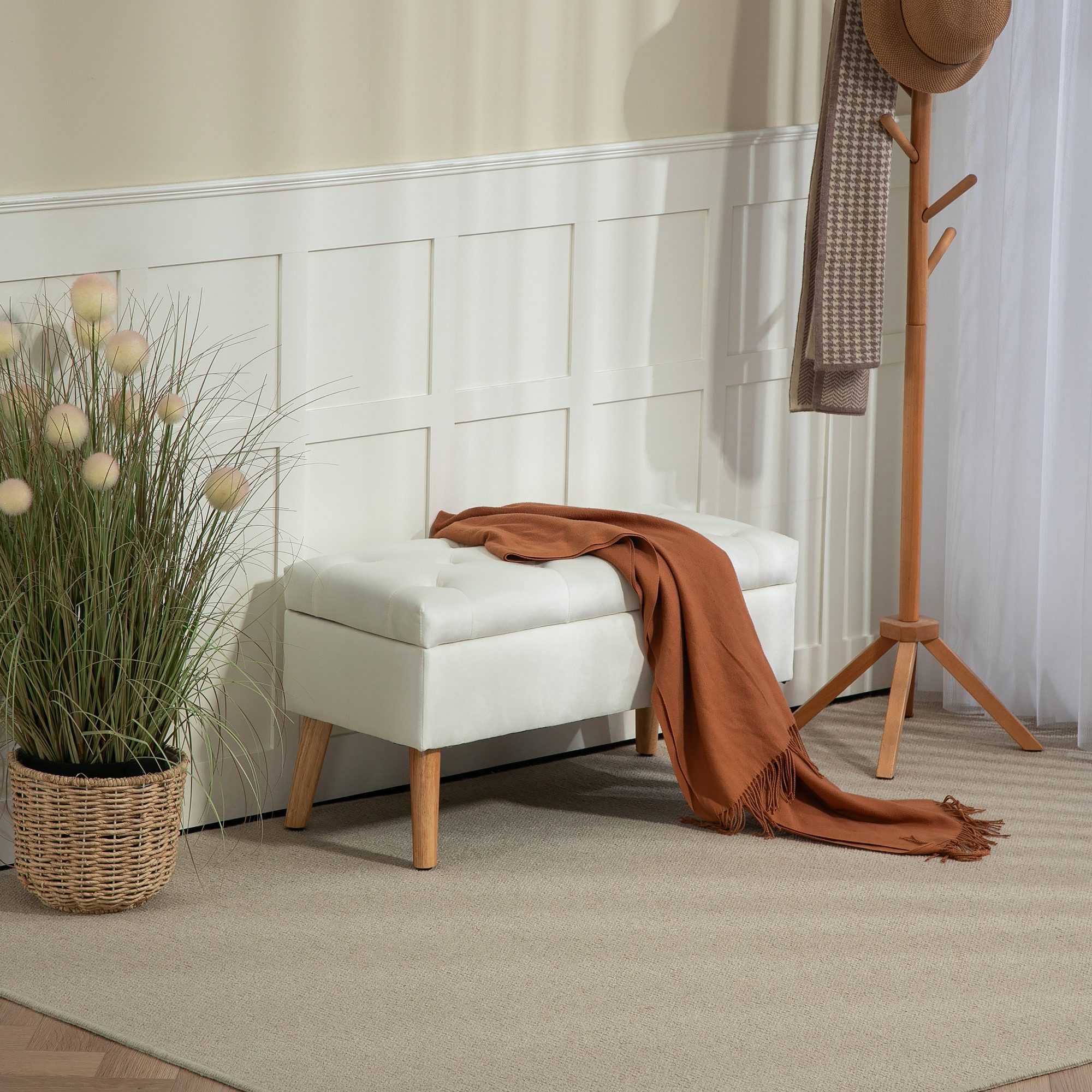 HOMCOM Sitzbank Polsterbank mit Deckel, Bettbank mit Samtoptik (Truhenbank, 1-St., Polsterbank), für Flur Schlafzimmer Wohnzimmer, Gummiholz 80 x 35 x 42 cm Weiß