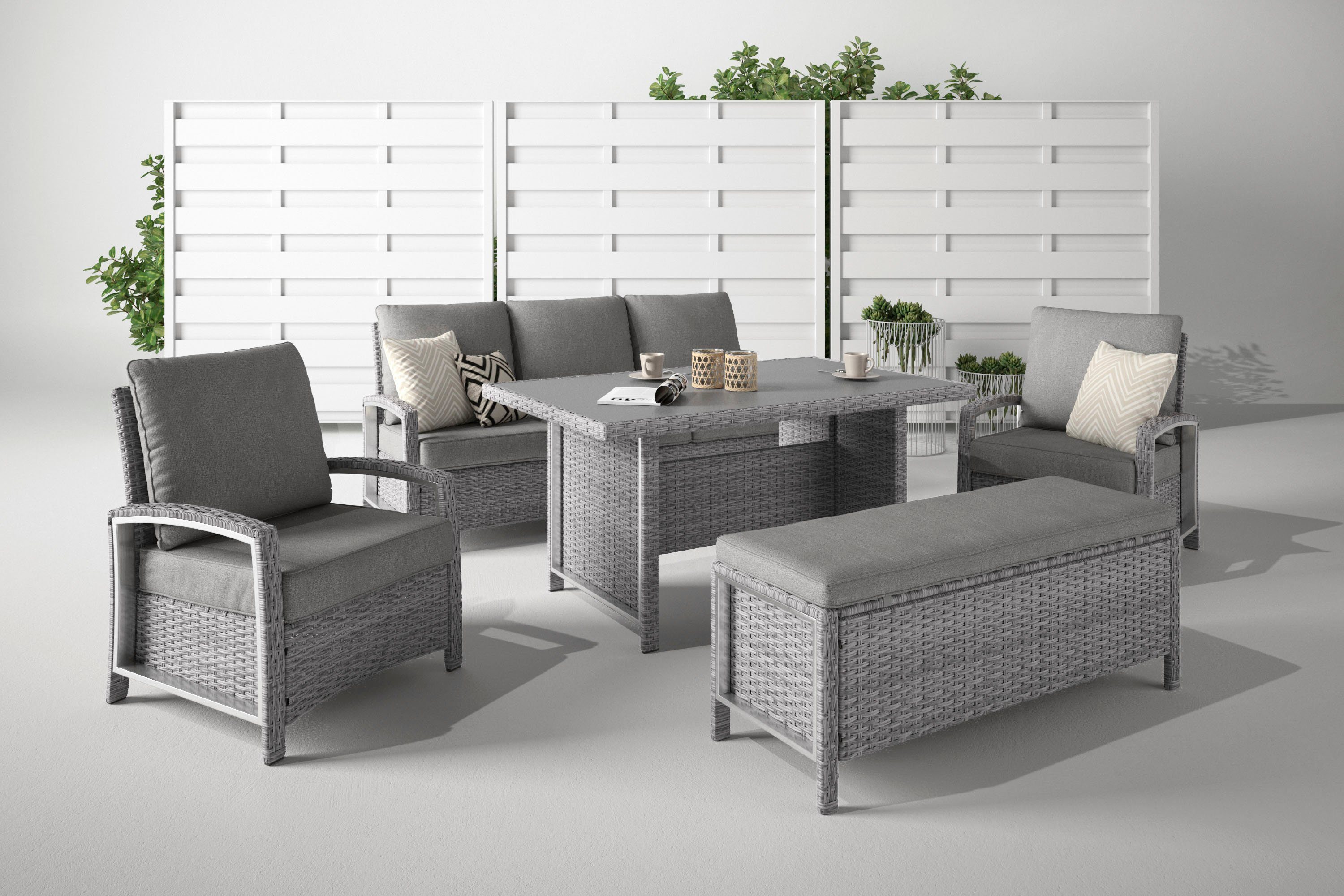 KONIFERA Gartenlounge-Set Montgomery, (Set, 5-tlg., 1x3erBank, 2x Sessel,  1x Sitzbank, 1x Tisch 145x85x70 cm), inkl. Auflagen, Alu, Polyrattan