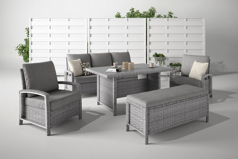 KONIFERA Gartenlounge-Set Montgomery, (Set, 5-tlg., 1x3erBank, 2x Sessel,  1x Sitzbank, 1x Tisch 145x85x70 cm), inkl. Auflagen, Alu, Polyrattan