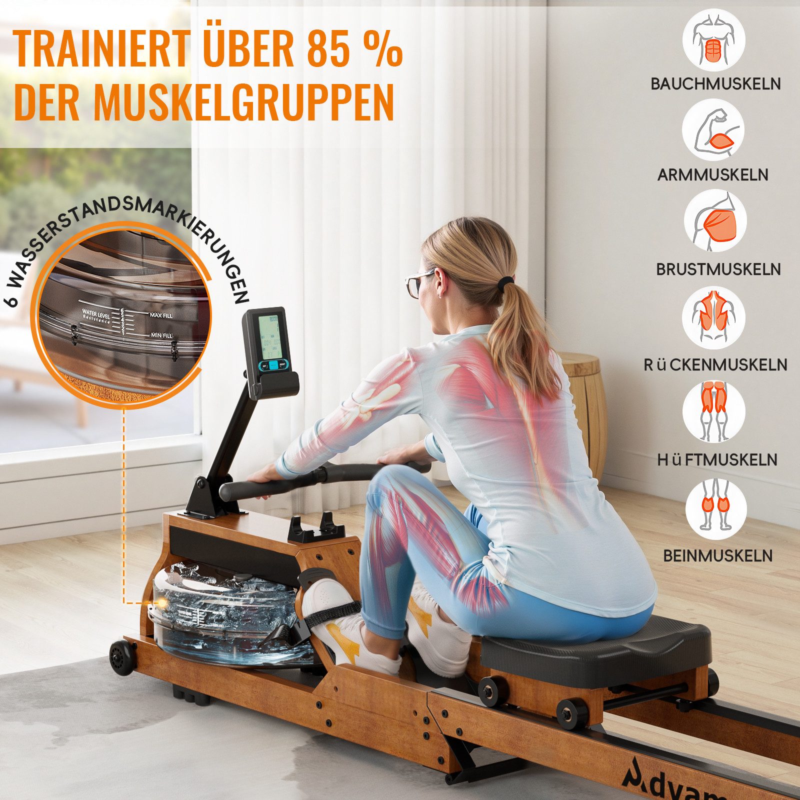 Advamsoler Rudergerät Hochwertiges Faltbares Wasserrudergerät aus Massivholz für Zuhause (1-tlg), Mit Professionellem Bluetooth-Monitor & Tablet-Halter