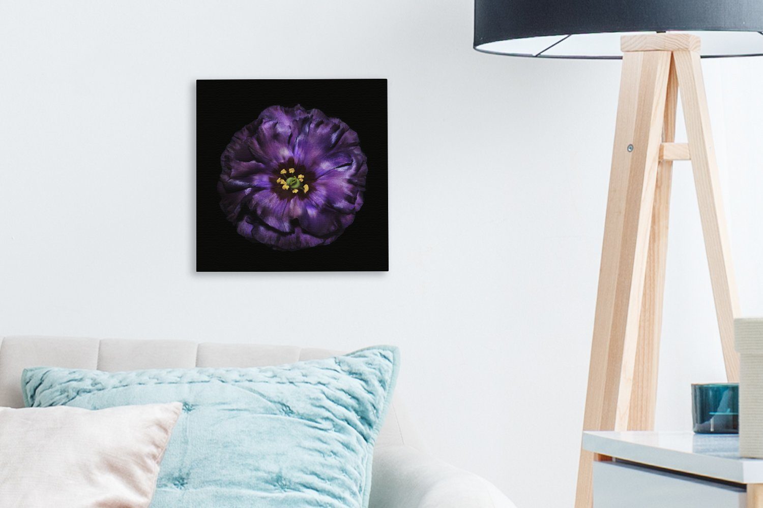 OneMillionCanvasses® Leinwandbild Eine violette Blume Schlafzimmer für (1 Wohnzimmer Leinwand vor schwarzem Bilder St), Hintergrund abgebildet