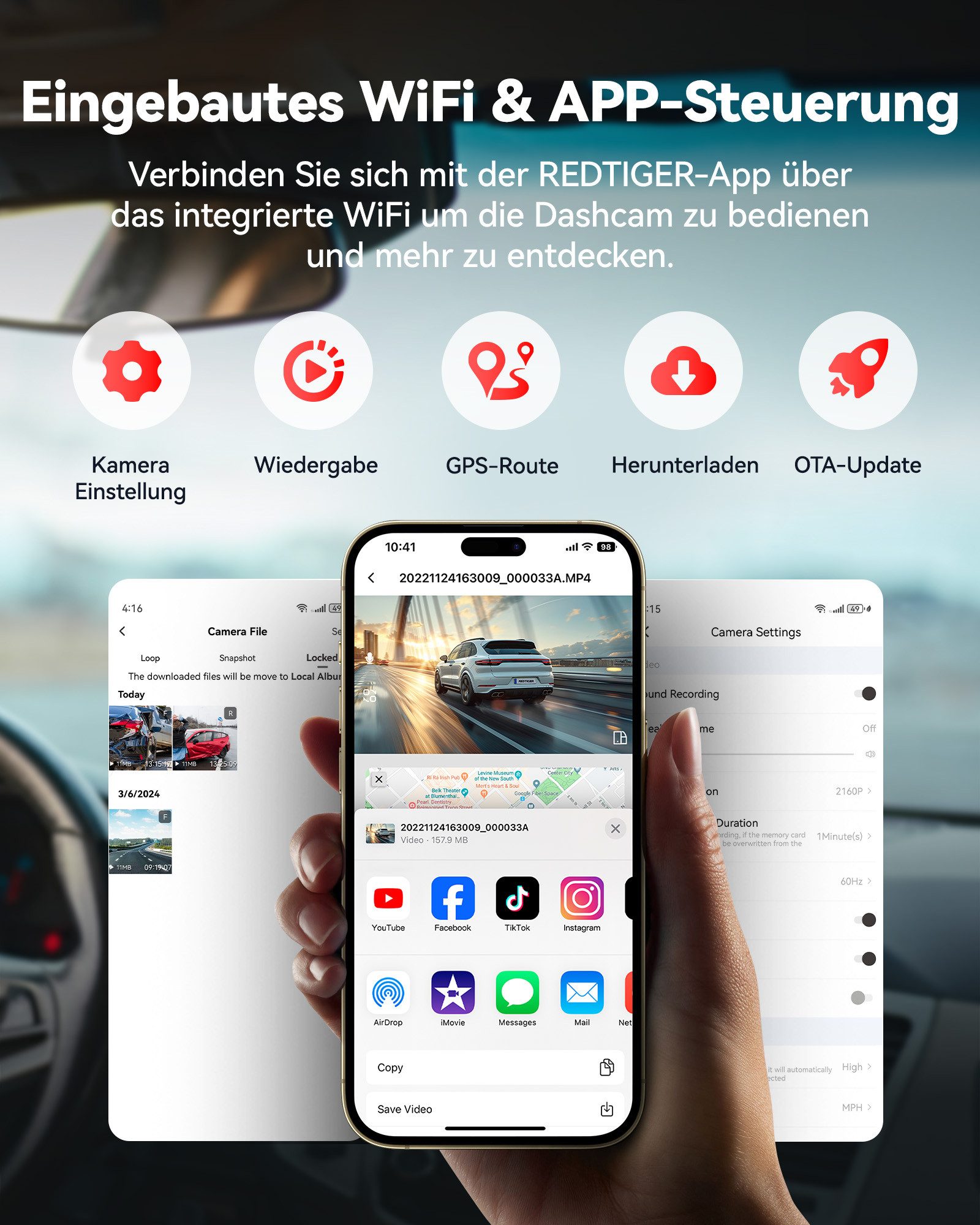 REDTIGER Super Nachtsicht, Mini Dual Dashcam (Vorne 4K UHD, Hinten 1080p, WLAN (Wi-Fi), mit 32 GB Karte, GPS,WiFi, 24/48H Parkmodi)