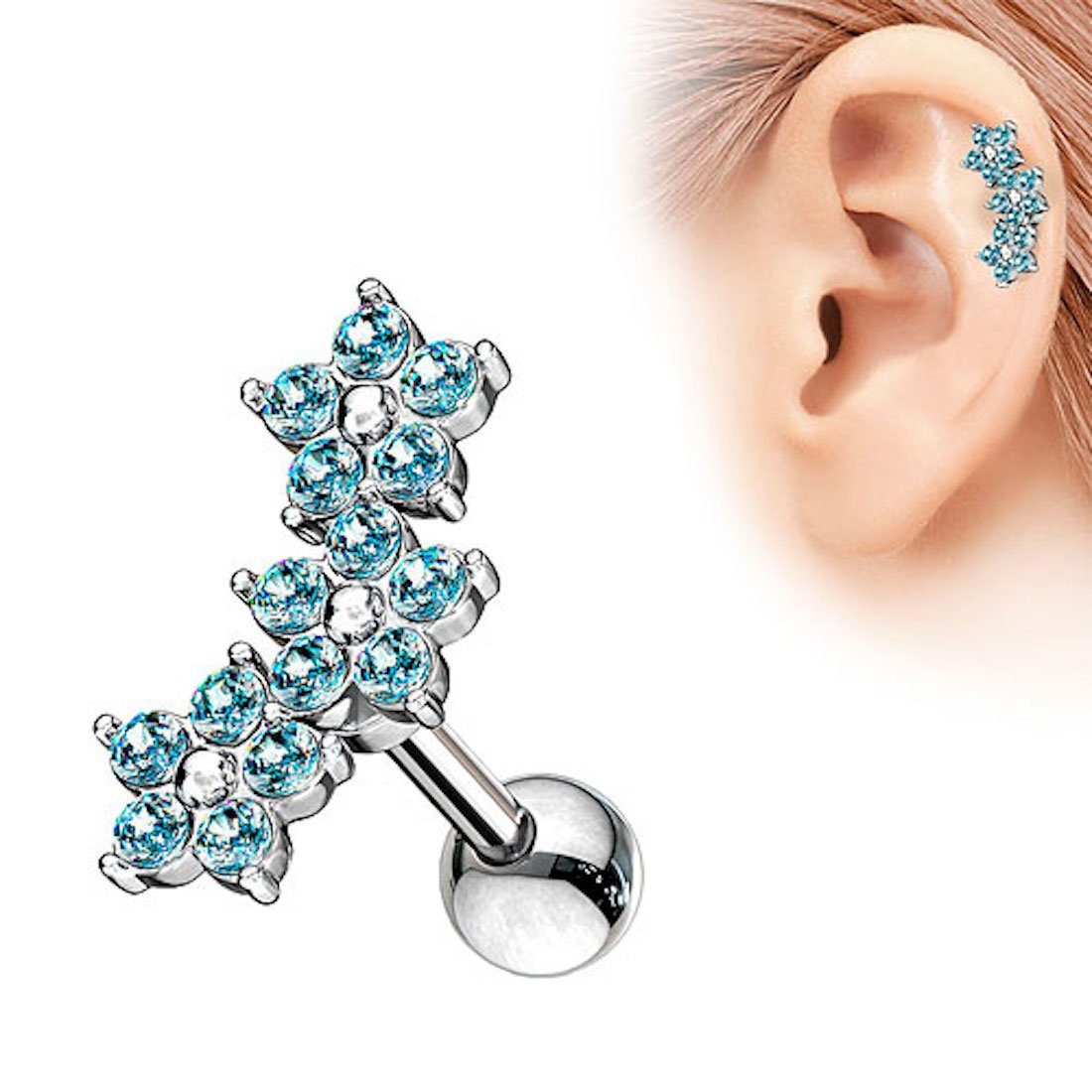 Taffstyle Piercing-Set Tragus Ohr Piercing Stecker mit 3 Kristall Blumen, Chirurgenstahl Helix Tragus Ohrpiercing Cartilage Stab Barbell Kugel