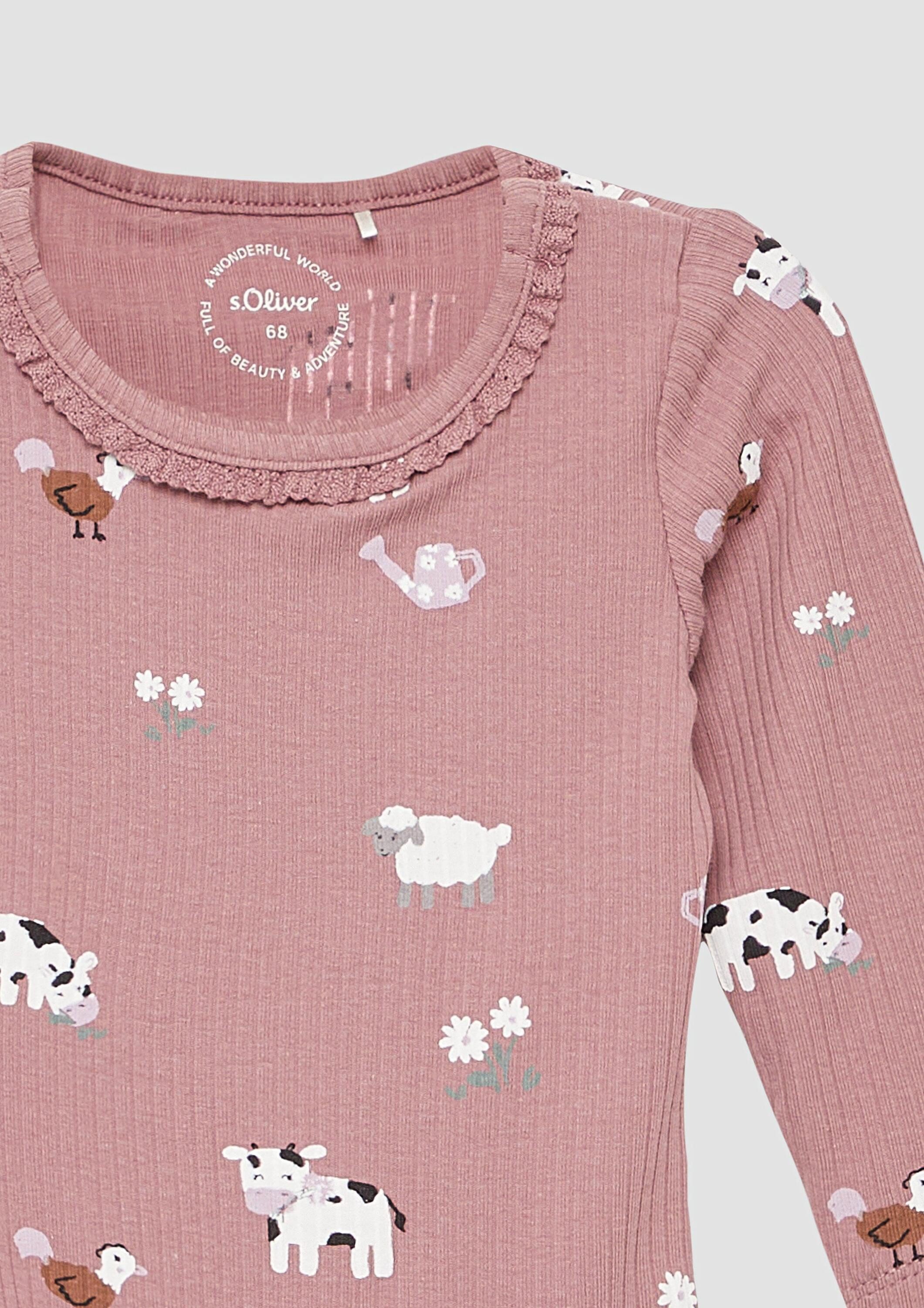 s.Oliver Shirtbody T-Shirt Body Gerippter Body mit Tier-Motiven und Spitzen-Details
