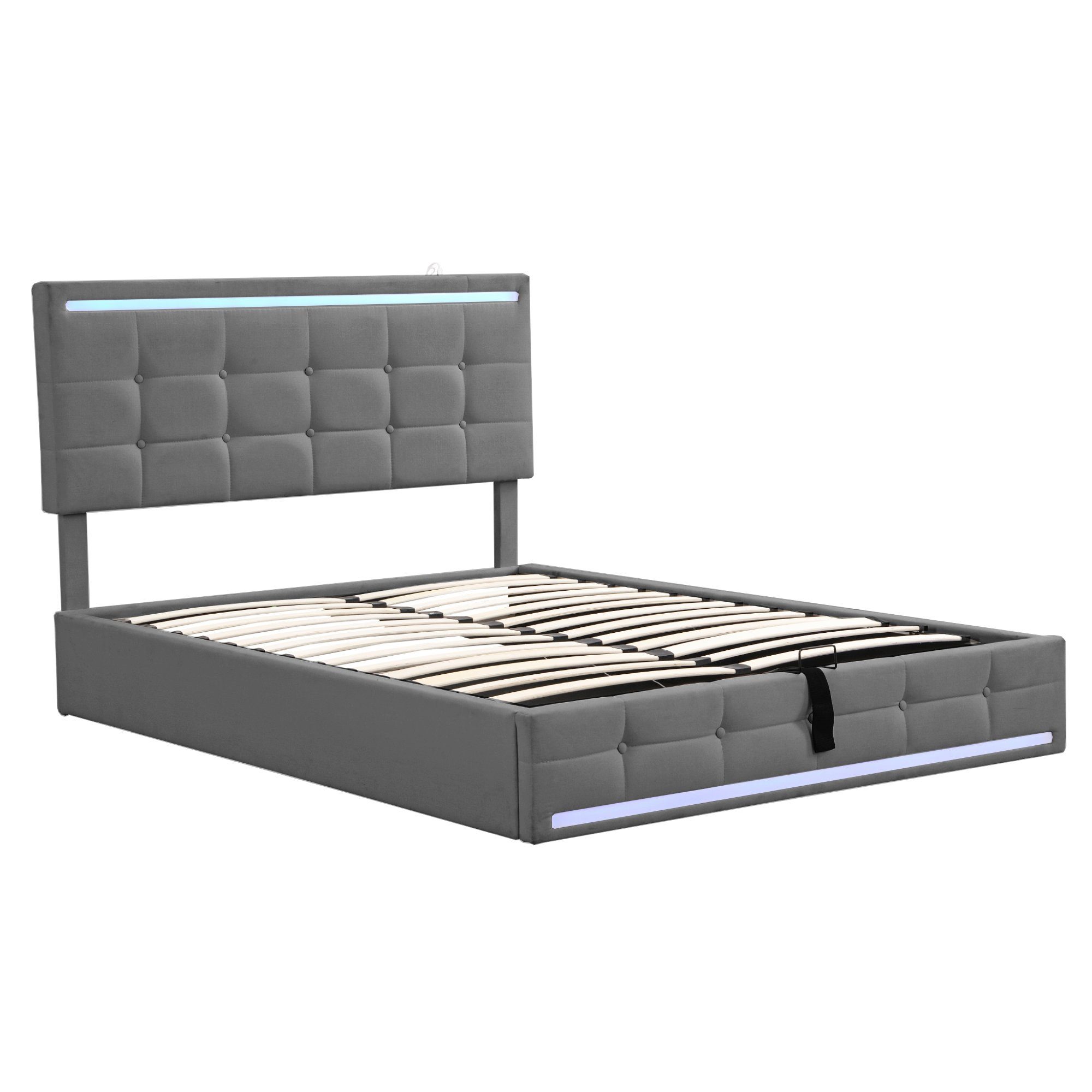 Polsterbett (Hydraulisches Bett mit Bettkasten, Lattenrost und 2 USB-Anschluss), Stauraumbett Funktionsbett 140x200 cm mit LED Beleuchtung, Leinen