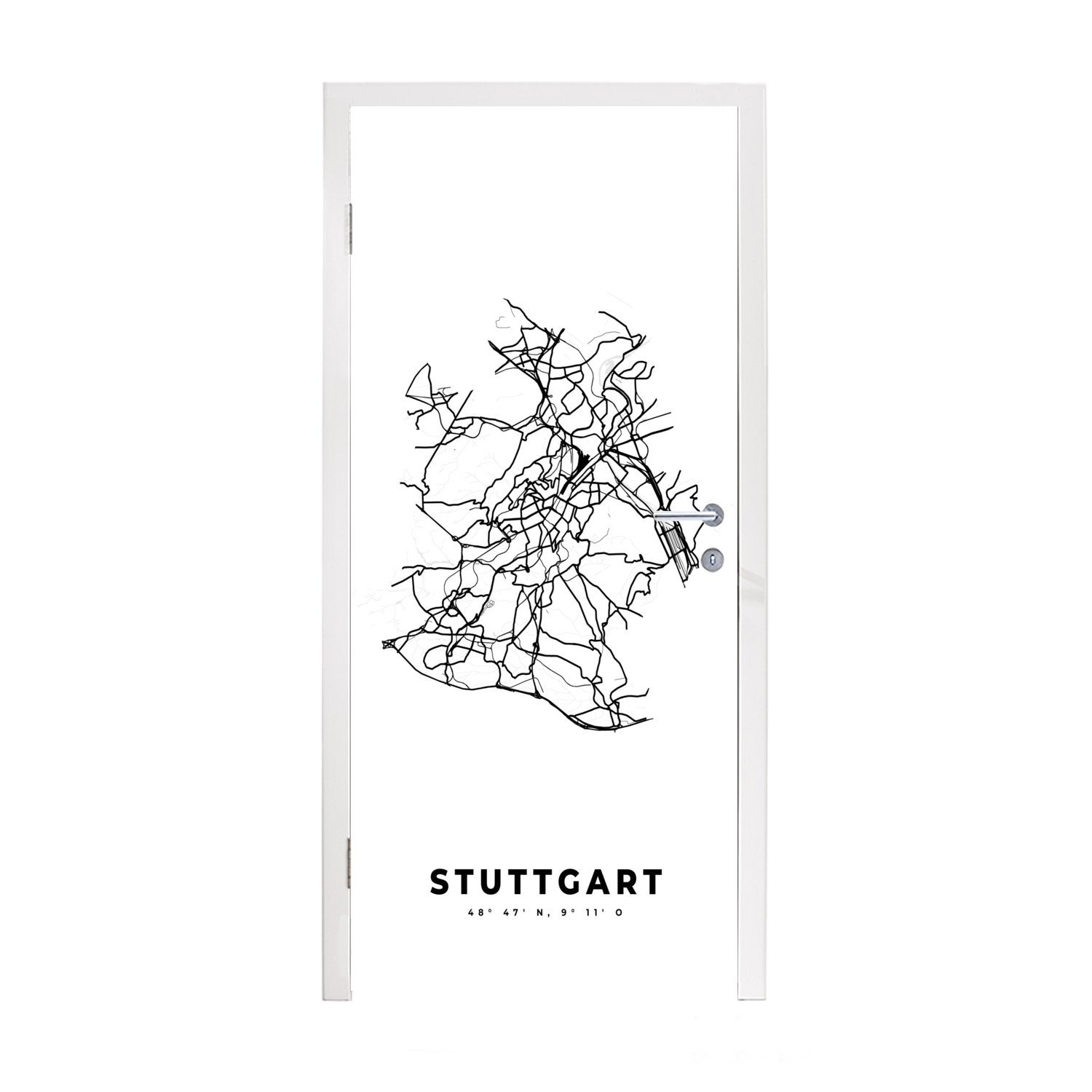 und cm Schwarz 75x205 Stuttgart - Türtapete - - Tür, weiß Türaufkleber, MuchoWow für Matt, bedruckt, Deutschland Fototapete St), Karte, - Stadtplan (1