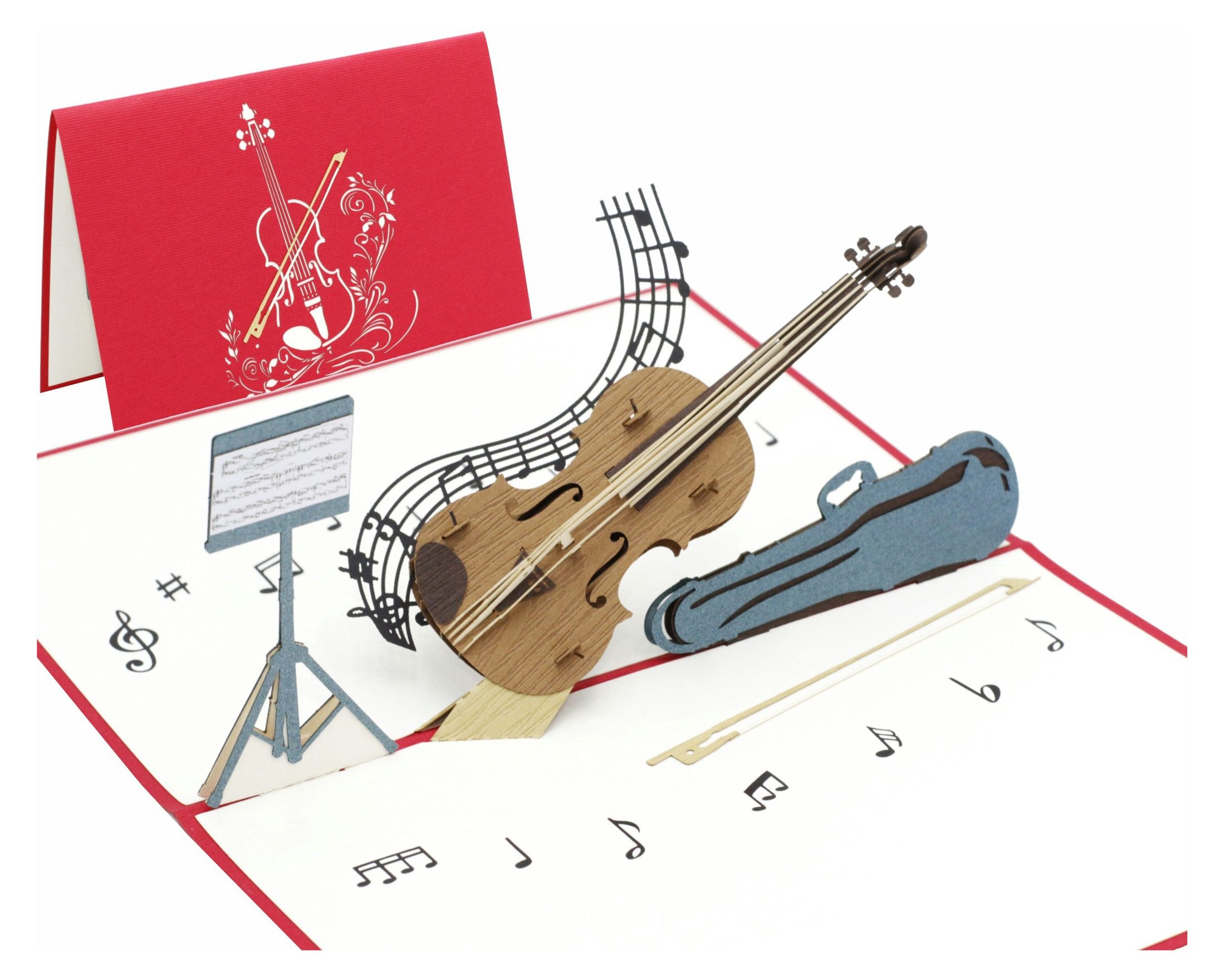 design3dkarten Glückwunschkarte Pop Up Karte Geige – 3D Violine für Musiker und Geigenspieler, mit herausnehmbarem Einleger, Umschlag und Schutzhülle